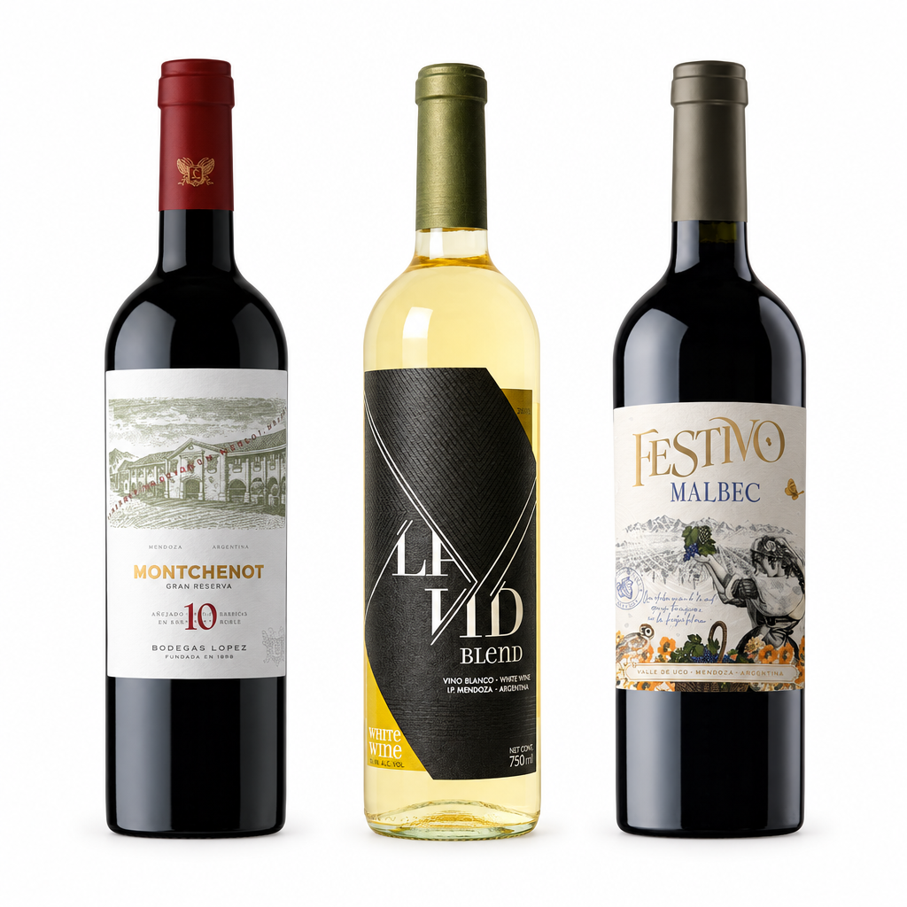 Três garrafas argentinas em fundo branco: Montchenot Gran Reserva, La Vid Branco Blend e Festivo Malbec