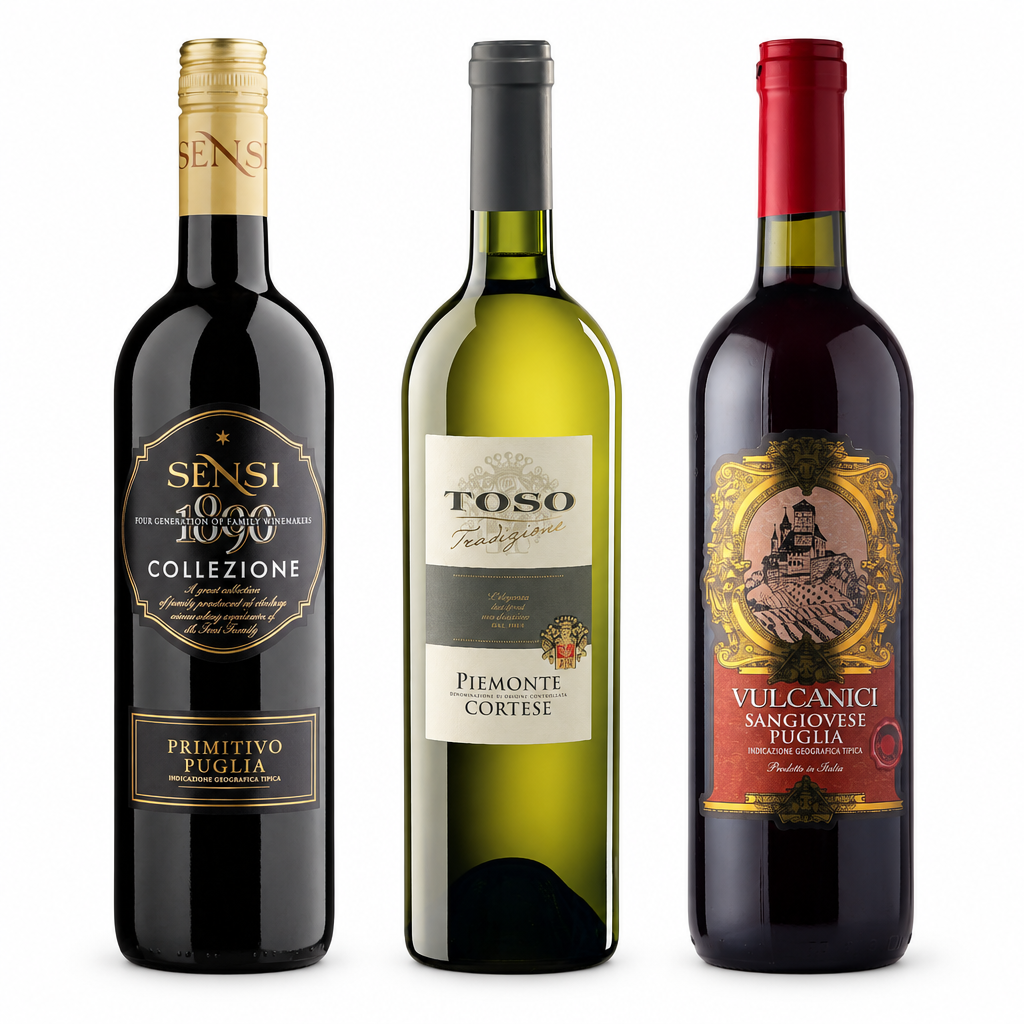 Garrafas de Primitivo Collezione, Toso Cortese e Vulcanici Sangiovese em fundo branco