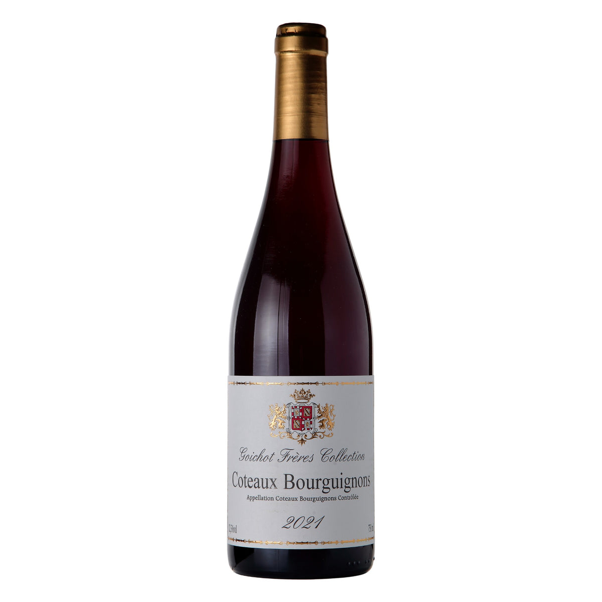 Garrafa de 750 ml do vinho tinto Maison Goichot Frères Coteaux Bourguignons Rouge, produzido com Pinot Noir e Gamay na Borgonha, França, com destaque para o rótulo frontal.