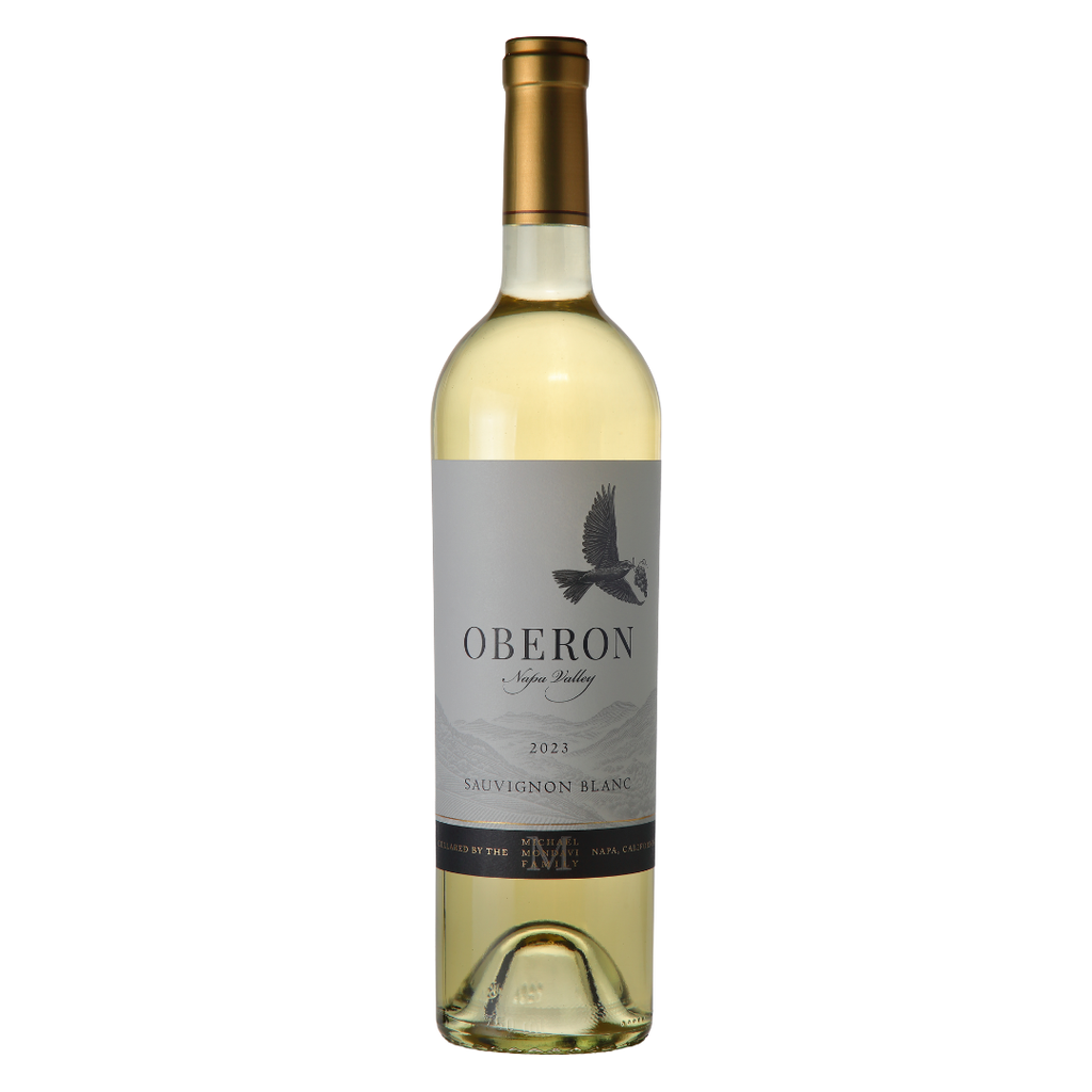 Garrafa do Vinho Branco Oberon Sauvignon Blanc 750ml da Oberon Wines, de Napa Valley, Califórnia, EUA, em fundo branco com destaque para o rótulo frontal.