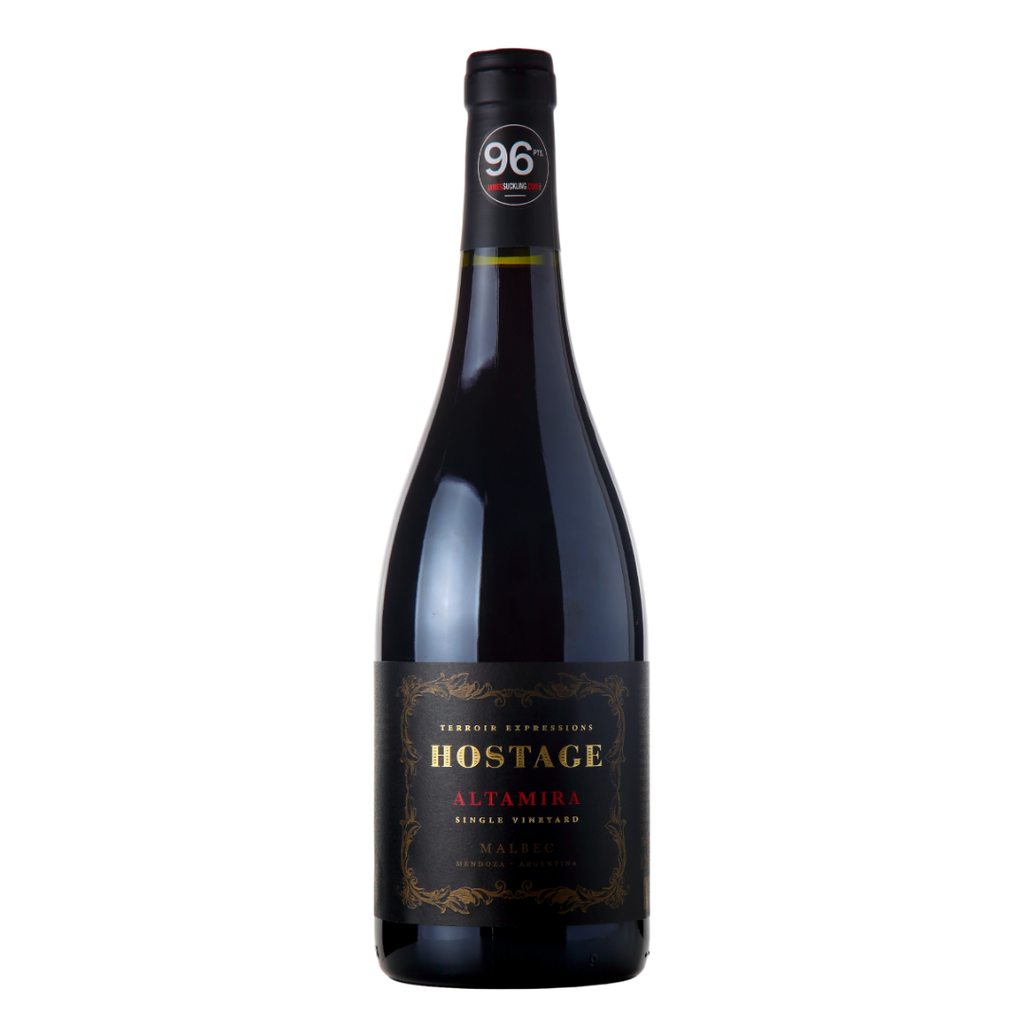 Garrafa do vinho tinto Hostage Altamira Single Vineyard Malbec 2021, 750ml, 100% Malbec de videiras 70+ anos, da Pelleriti Priore, Paraje Altamira, San Carlos, Valle de Uco, Mendoza, Argentina, em fundo branco com destaque para o rótulo frontal.