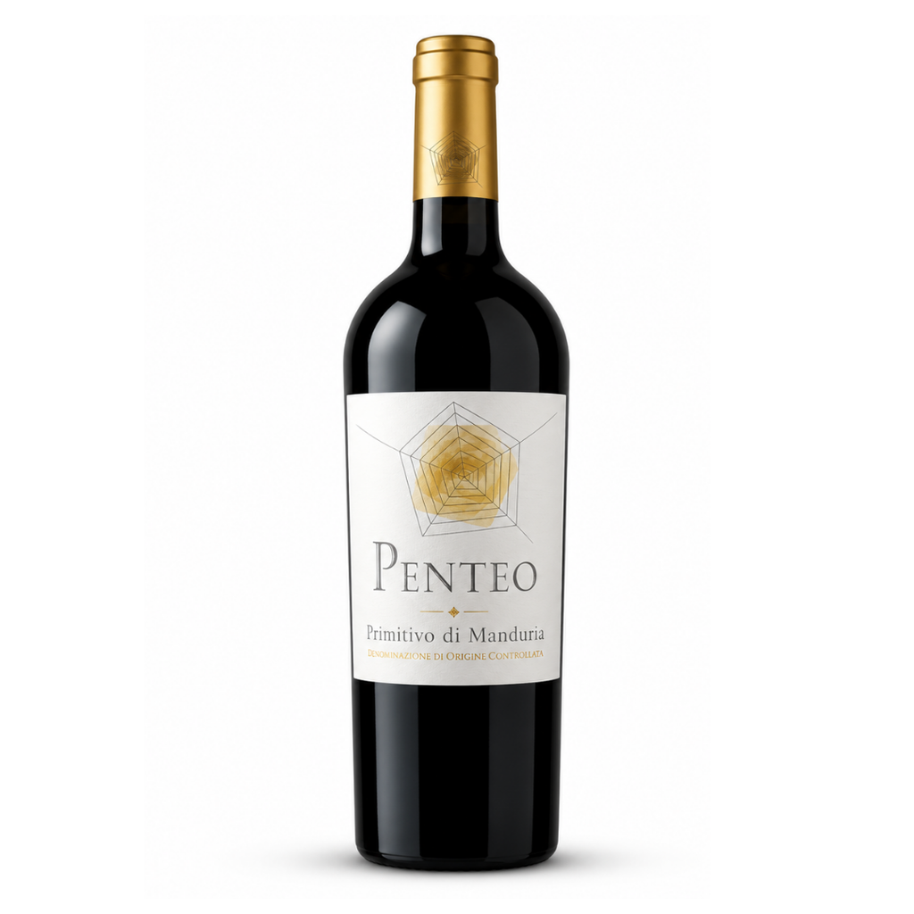 Garrafa do vinho tinto Penteo Primitivo di Manduria DOC 2021 750ml da Peppe Buio Winery, da Puglia, Itália, em fundo branco com destaque para o rótulo frontal.