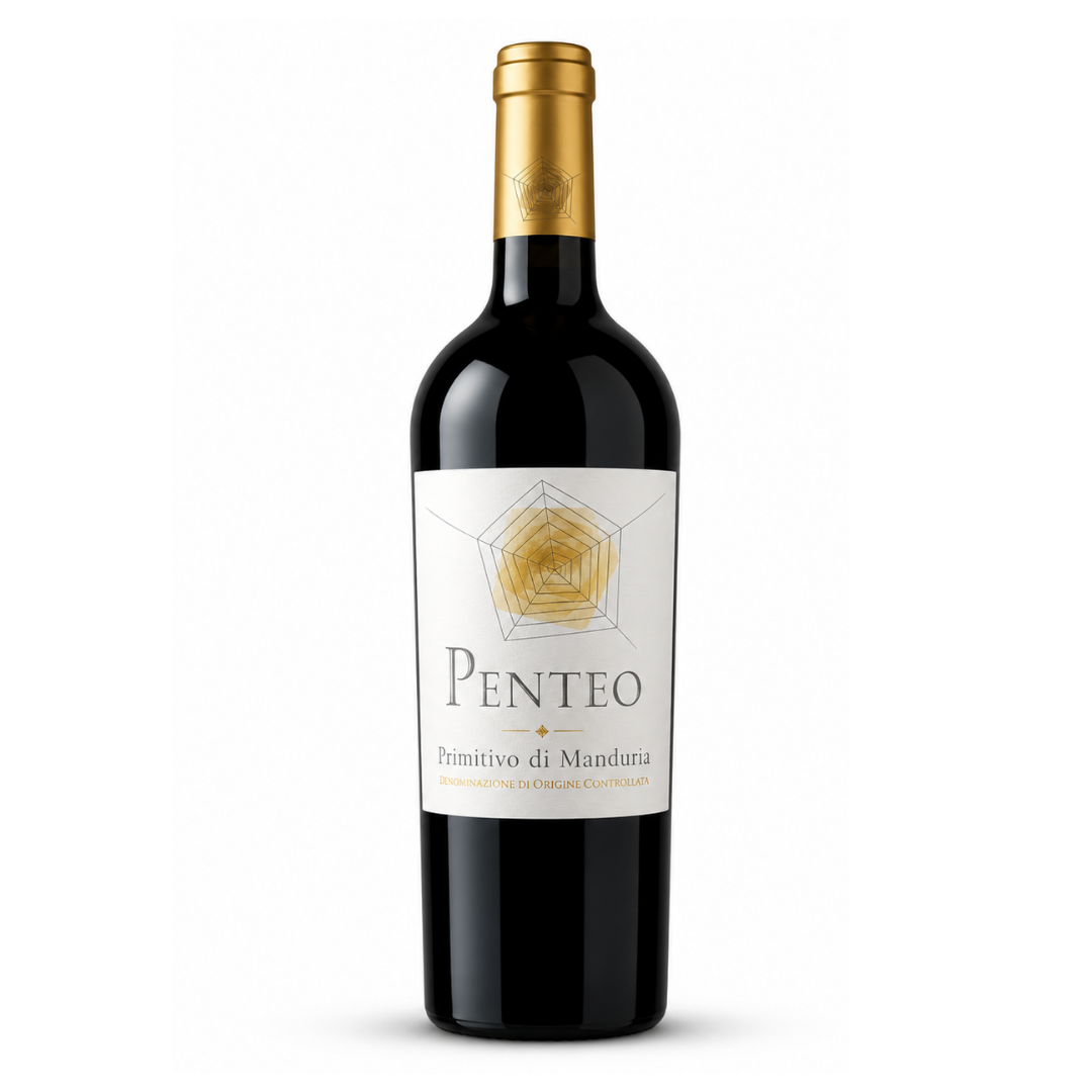 Garrafa do vinho tinto Penteo Primitivo di Manduria DOC 2021 750ml da Peppe Buio Winery, da Puglia, Itália, em fundo branco com destaque para o rótulo frontal.
