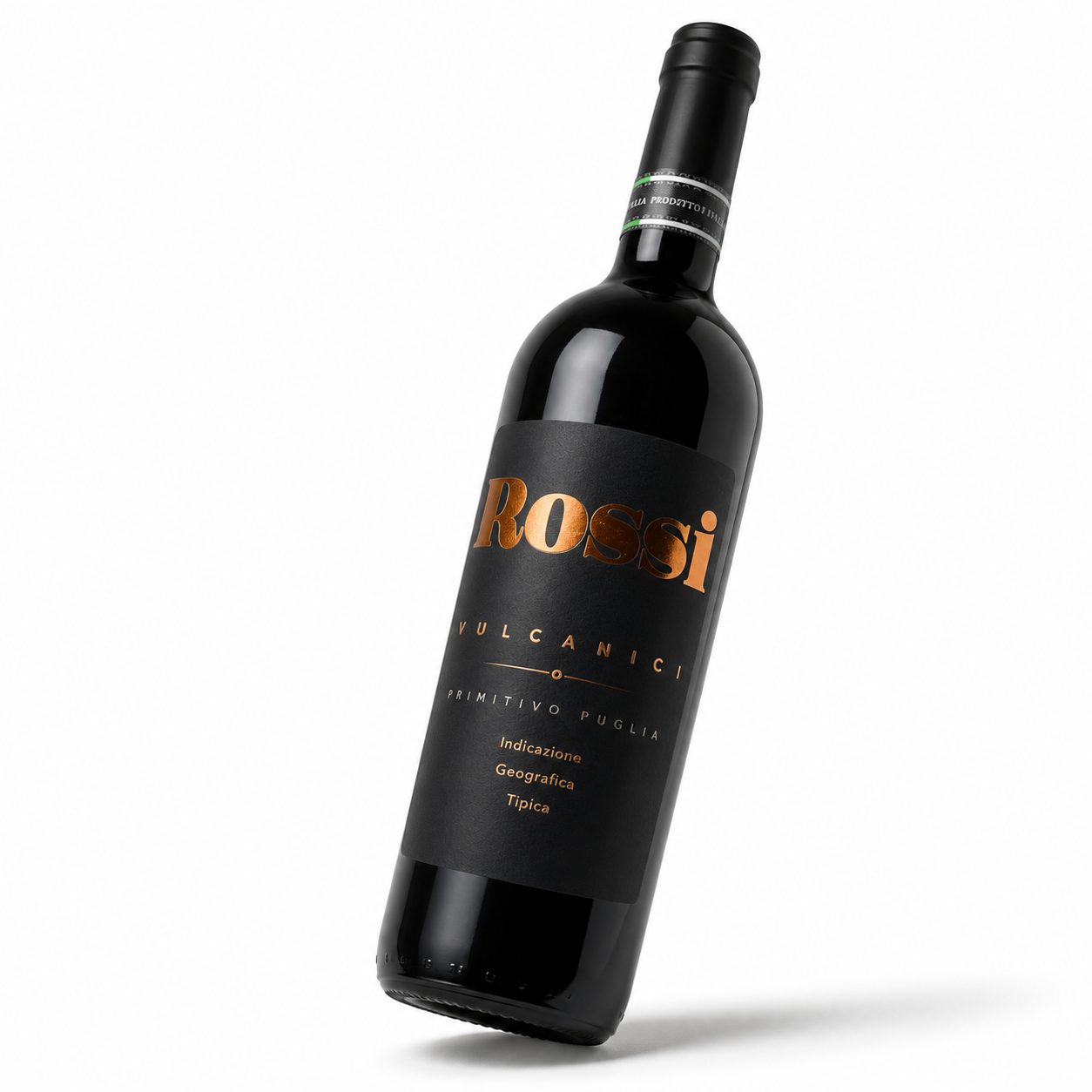 Garrafa do vinho tinto Rossi Vulcanici Primitivo 2022 750ml da Peppe Buio, da Puglia, Itália, em fundo branco com destaque para o rótulo frontal.