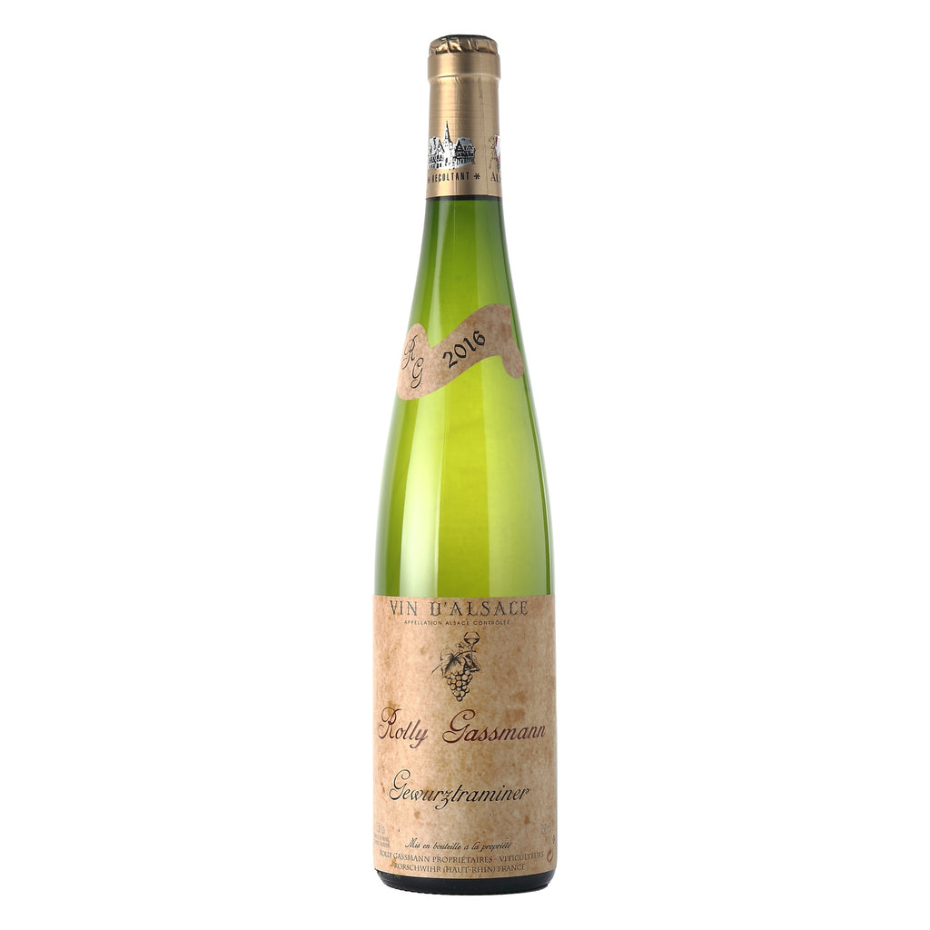 Garrafa de 750 ml do vinho branco Domaine Rolly Gassmann Gewürztraminer 2016, elaborado na Alsácia, França, com destaque para o rótulo frontal.