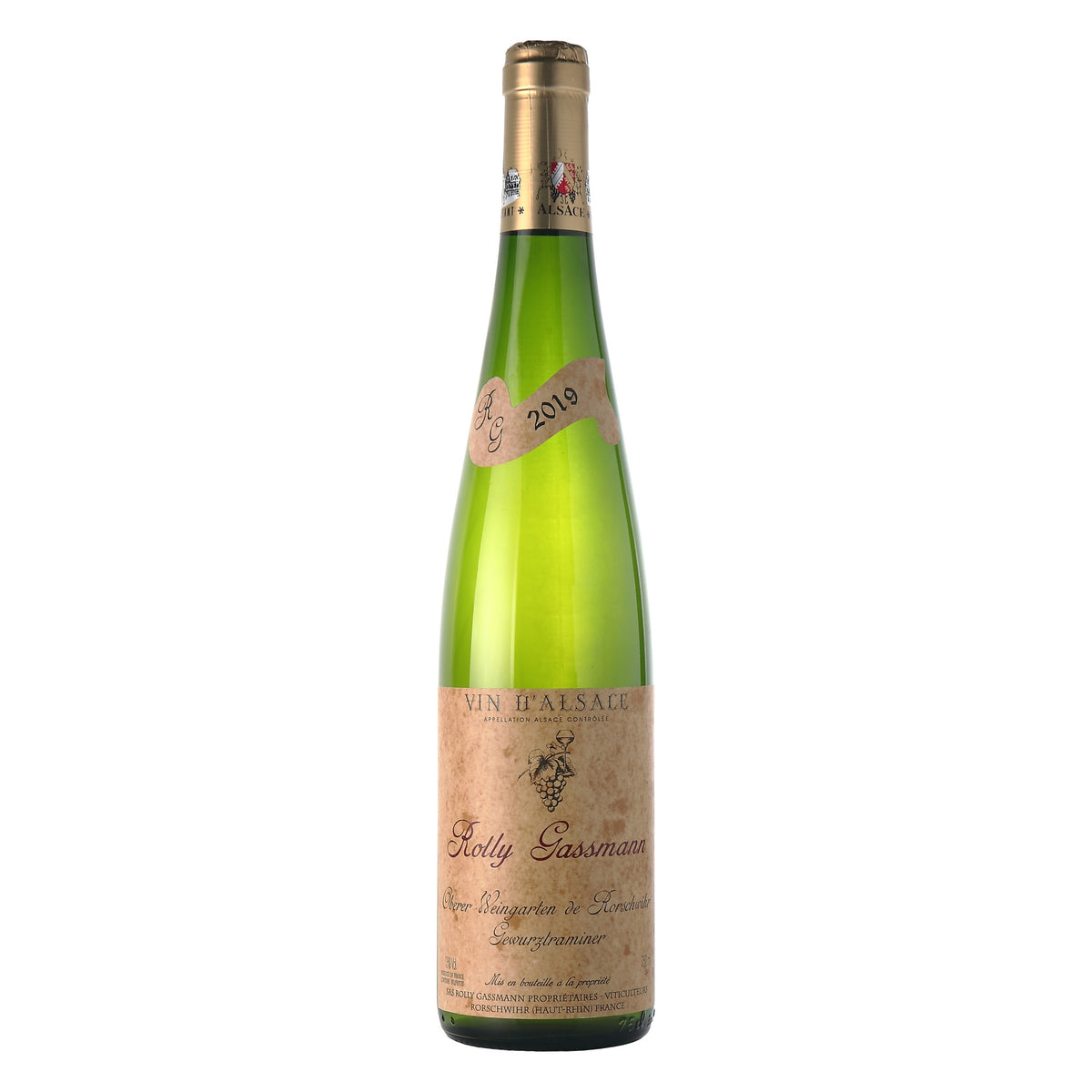 Garrafa de 750 ml do vinho branco Rolly Gassmann Oberer Weingarten de Rorschwihr Gewürztraminer 2019, da Alsácia, França, com rótulo frontal em destaque.