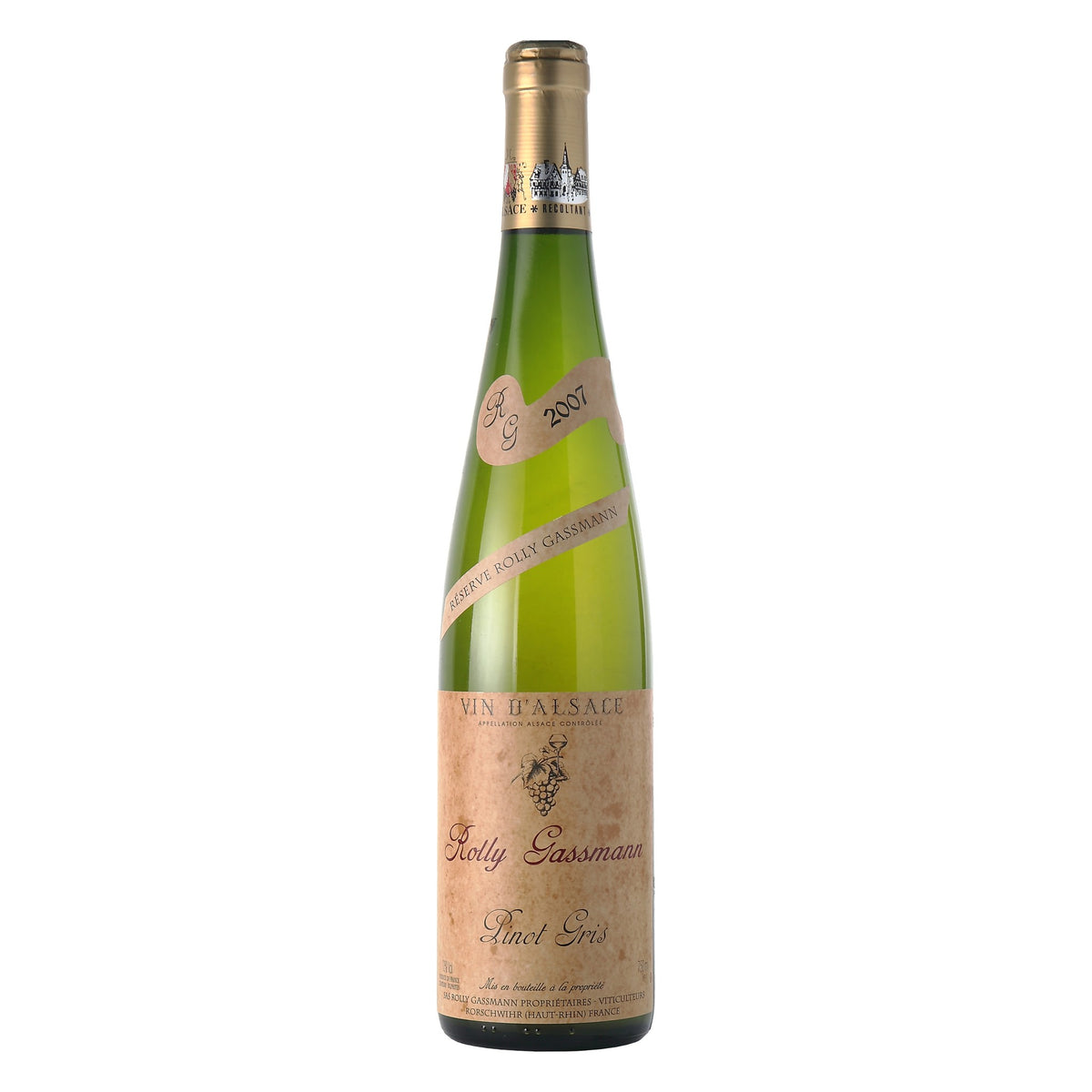 Garrafa de 750 ml do vinho branco Domaine Rolly Gassmann Pinot Gris Réserve 2017, da Alsácia, França, com rótulo frontal.