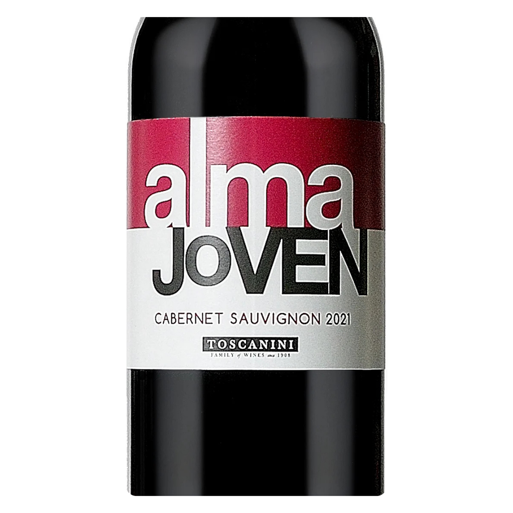 Detalhe do rótulo do Alma Joven, destacando a marca Toscanini e a uva Cabernet Sauvignon.
