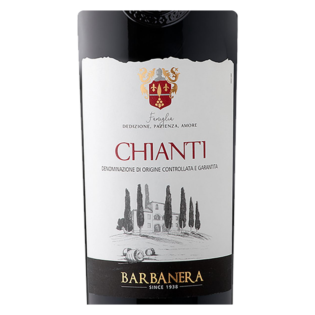 Close-up do rótulo do Barbanera Chianti, mostrando a denominação Chianti DOCG, a uva Sangiovese predominante, a origem Toscana, Itália e o volume de 750ml.