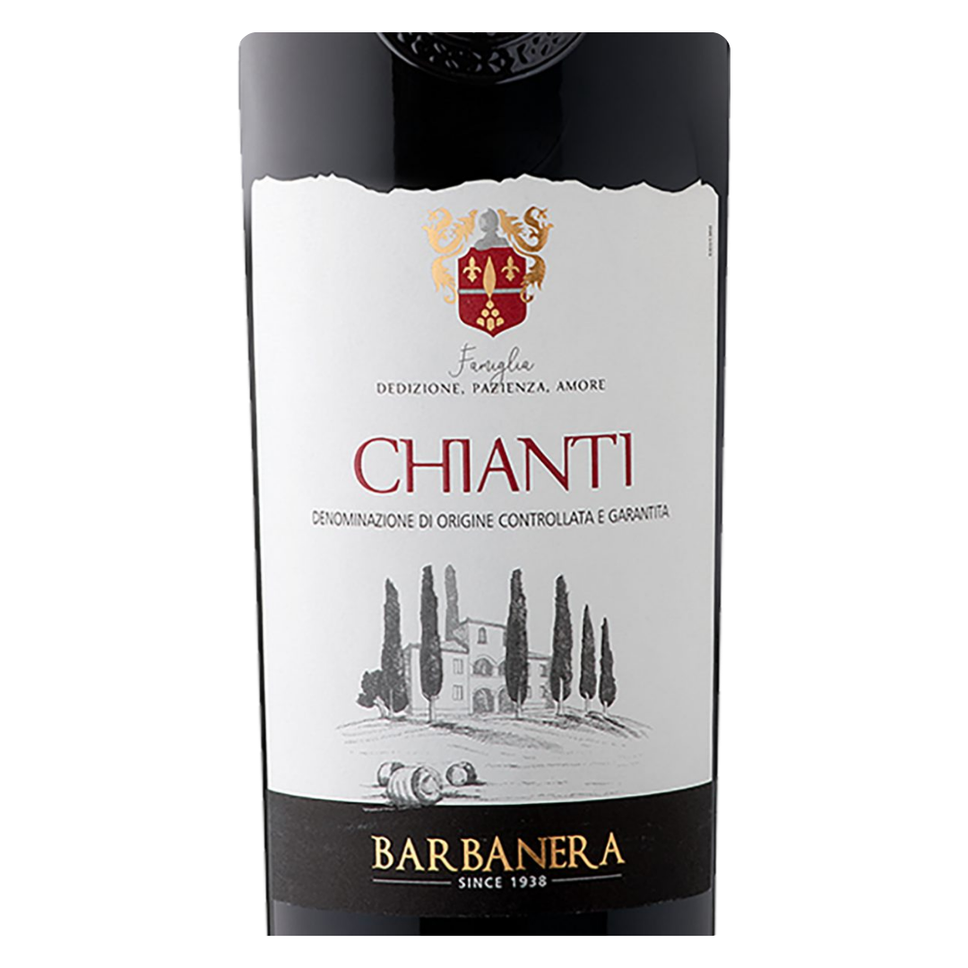 Close-up do rótulo do Barbanera Chianti, mostrando a denominação Chianti DOCG, a uva Sangiovese predominante, a origem Toscana, Itália e o volume de 750ml.