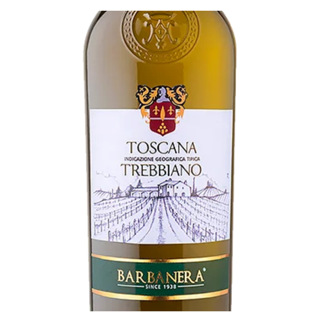 Close-up do rótulo do vinho Barbanera Trebbiano Toscana, mostrando os detalhes da marca e safra.