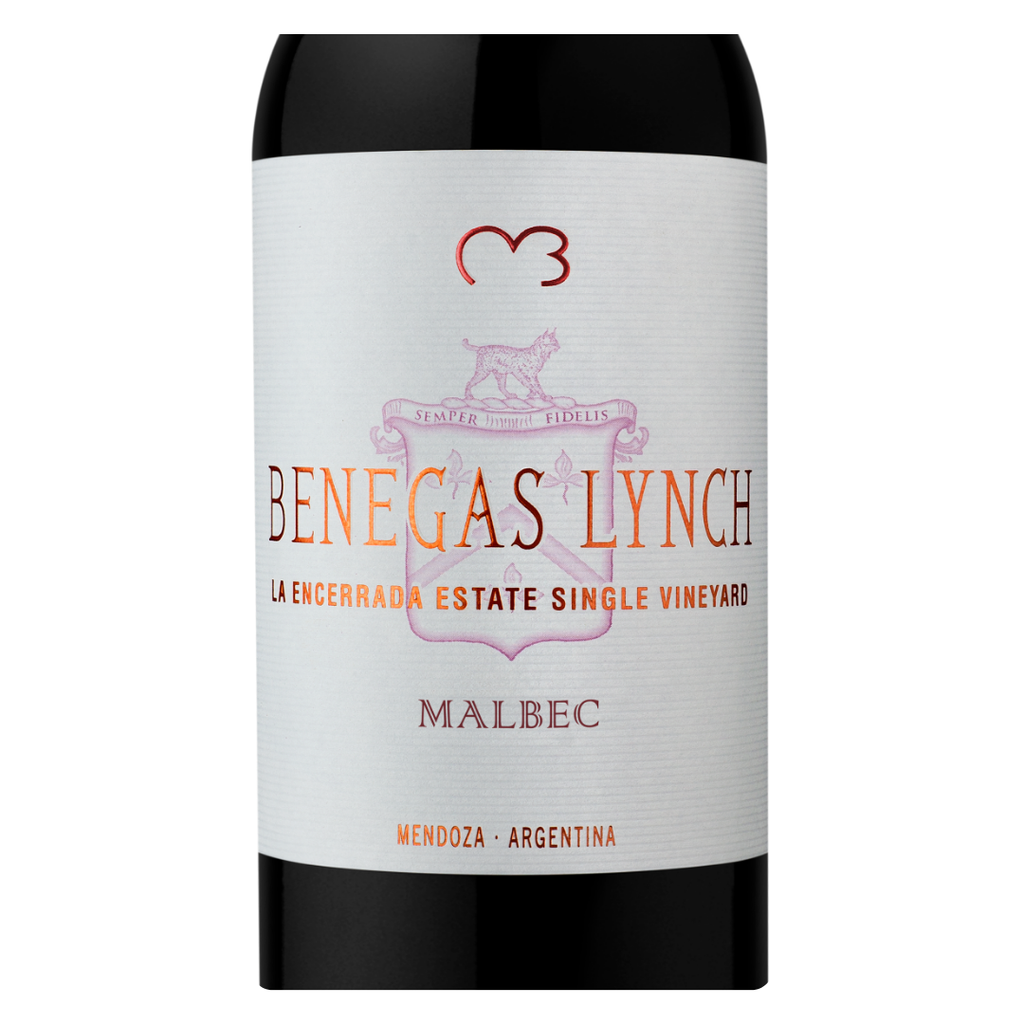 Close-up do rótulo do Benegas Lynch Malbec da Bodega Benegas, mostrando a linha Benegas Lynch, a uva Malbec, a origem Single Vineyard Finca La Encerrada, Gualtallary, Vale do Uco, Mendoza, Argentina, e a premiação 95 pontos James Suckling.