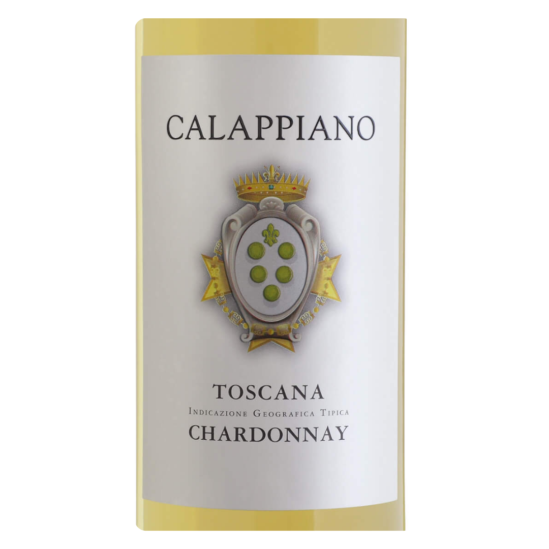Close-up do rótulo do Calappiano Chardonnay, exibindo o brasão histórico da vinícola e a safra 2023.