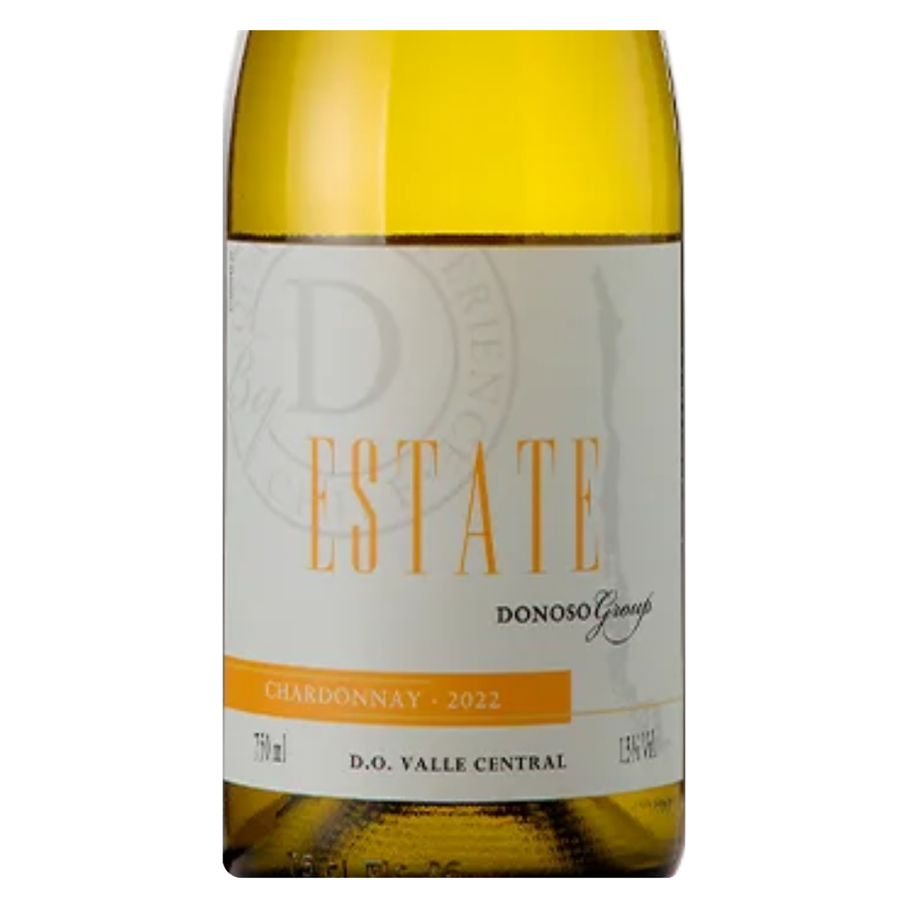 Close-up do rótulo do vinho Casa Donoso Group Estate Chardonnay 750ml, mostrando o nome da vinícola, a variedade de uva e a menção ao Vale do Maule.