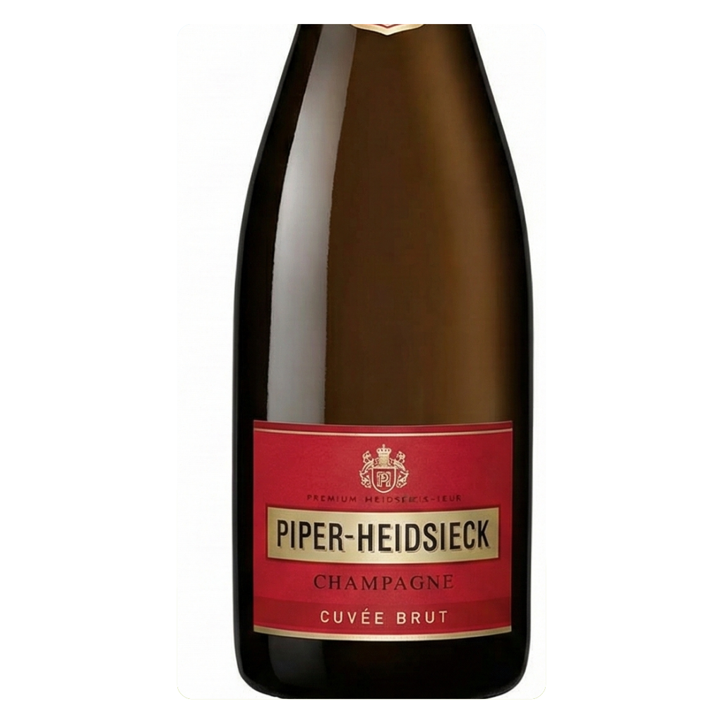 Detalhe do rótulo do Champagne Piper-Heidsieck Cuvée Brut, com a embalagem Red Cool Box ao fundo.