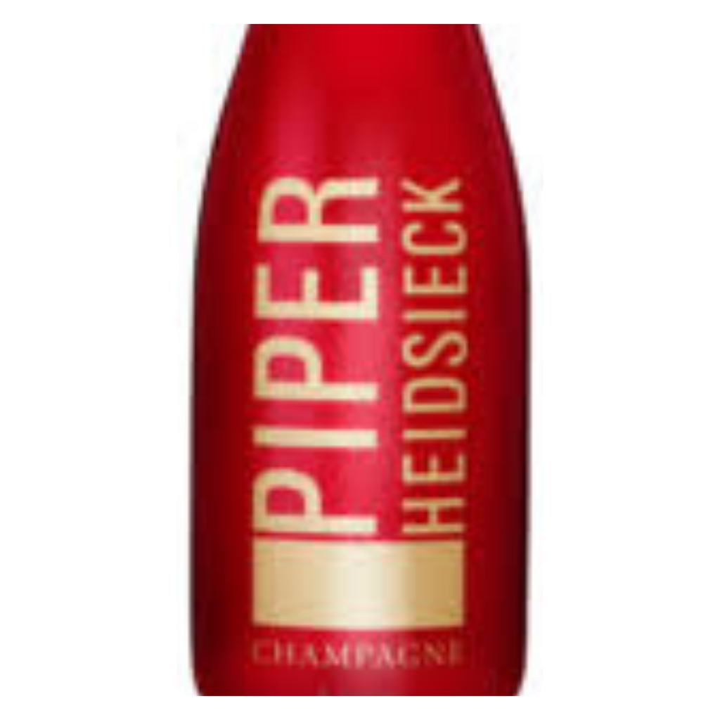 Detalhe do acabamento Sleeve na garrafa de Champagne Piper-Heidsieck, destacando a textura e o logo da marca.