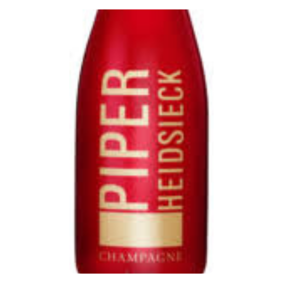 Detalhe do acabamento Sleeve na garrafa de Champagne Piper-Heidsieck, destacando a textura e o logo da marca.