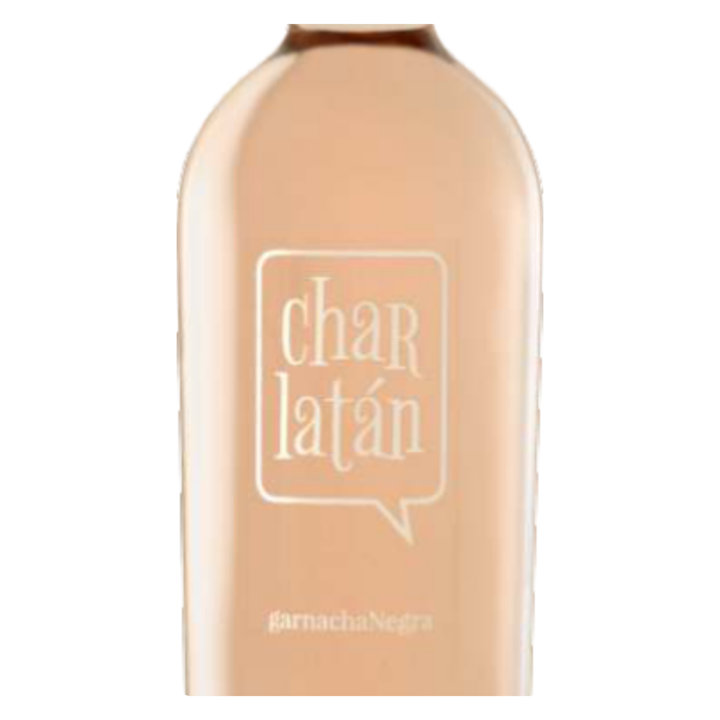 Close-up do rótulo do Charlatán Rosé, mostrando a Bodegas César Príncipe, a uva 100% Garnacha Tinta, a D.O. Cigales, Castilla y León, Espanha, e o volume de 750ml.