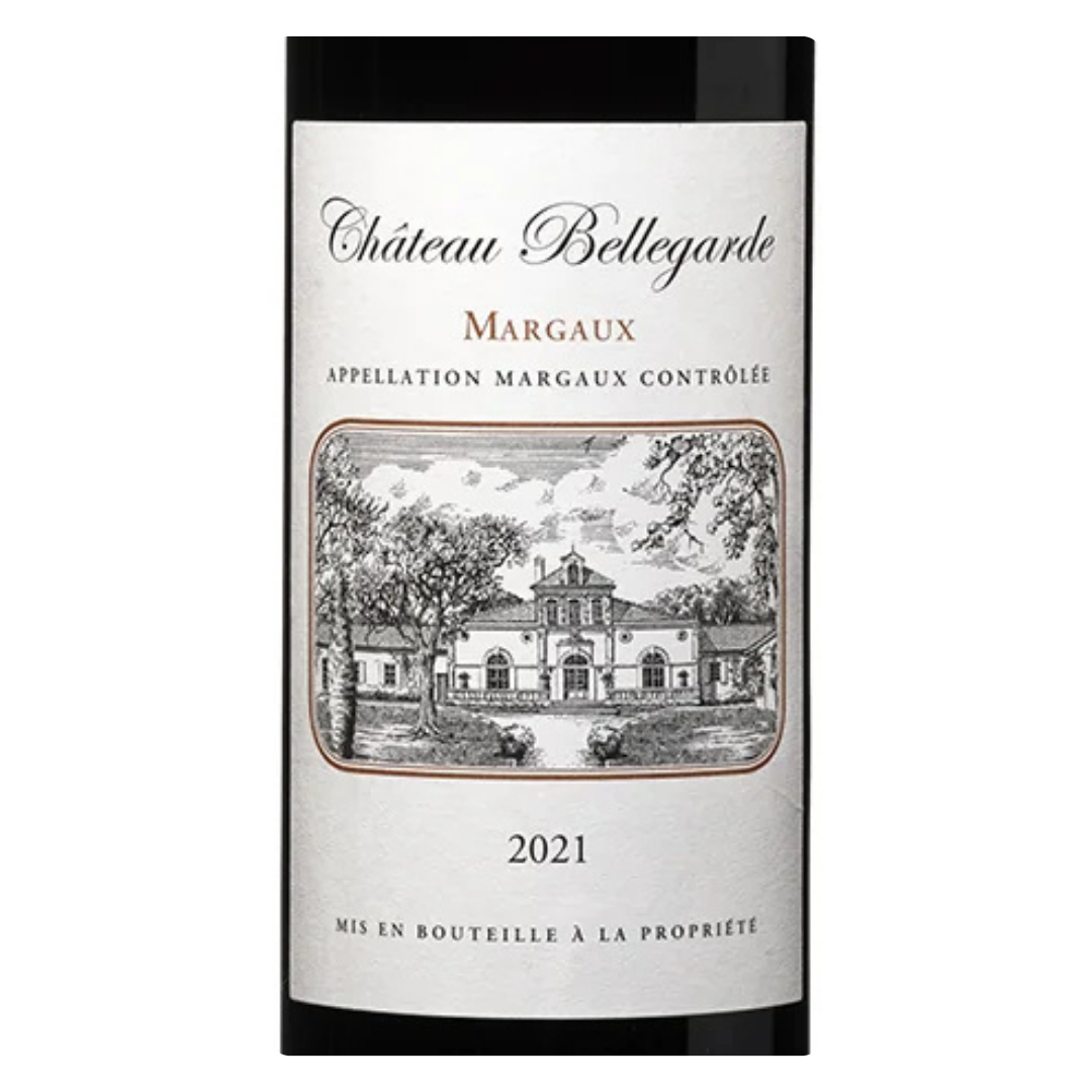 Close-up do rótulo do Château Bellegarde Margaux 2021, mostrando a denominação AOC Margaux, a origem Bordeaux França e o volume de 750ml.