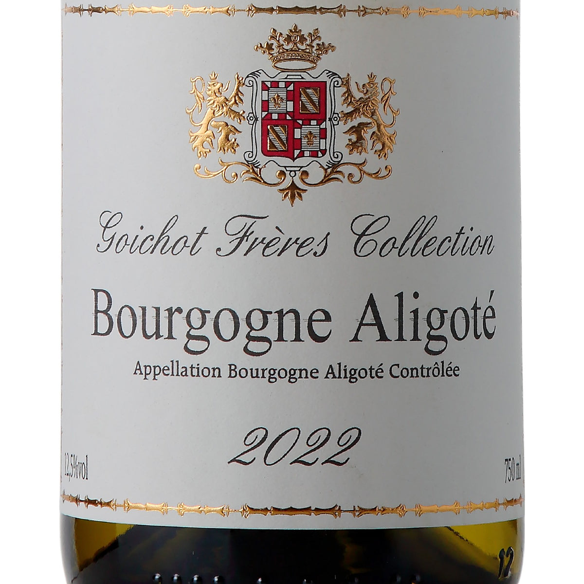 Detalhe do rótulo Château du Cray Bourgogne Aligoté, da Maison André Goichot Frères, vinho branco francês de uva Aligoté, da denominação Bourgogne Aligoté AOC, em garrafa de 750 ml.