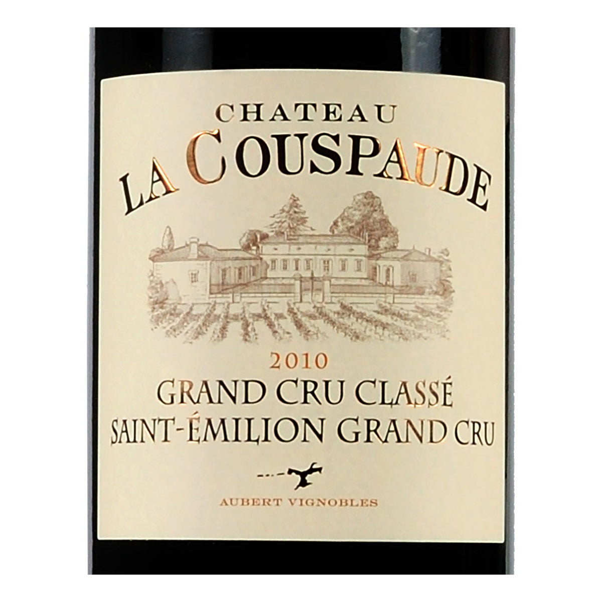 Detalhe do rótulo do Château La Couspaude Saint-Émilion Grand Cru Classé 2020, vinho tinto francês de Bordeaux, elaborado com Merlot, Cabernet Franc e Cabernet Sauvignon, garrafa de 750 ml.