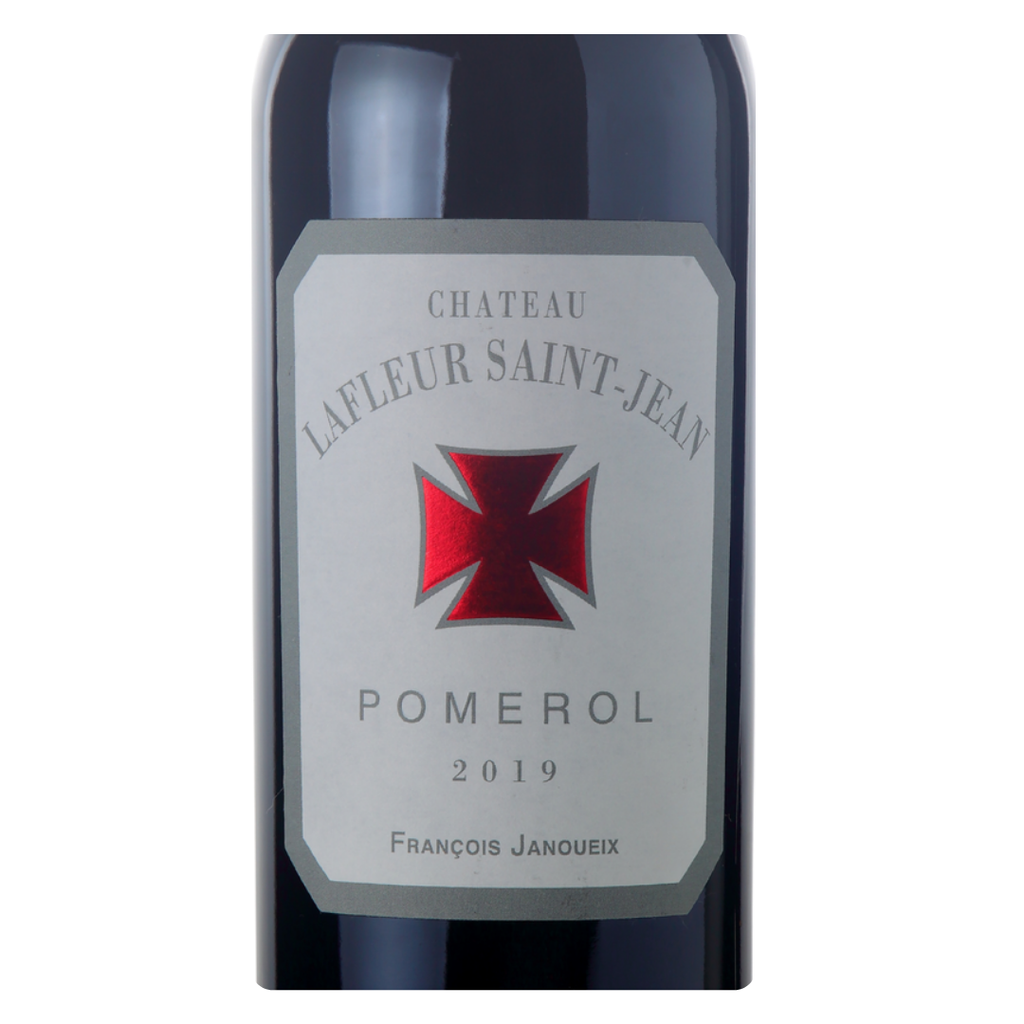Close-up do rótulo do Château Lafleur Saint-Jean 2019, exibindo o nome do château, a denominação Pomerol, Bordeaux, e a safra 2019.