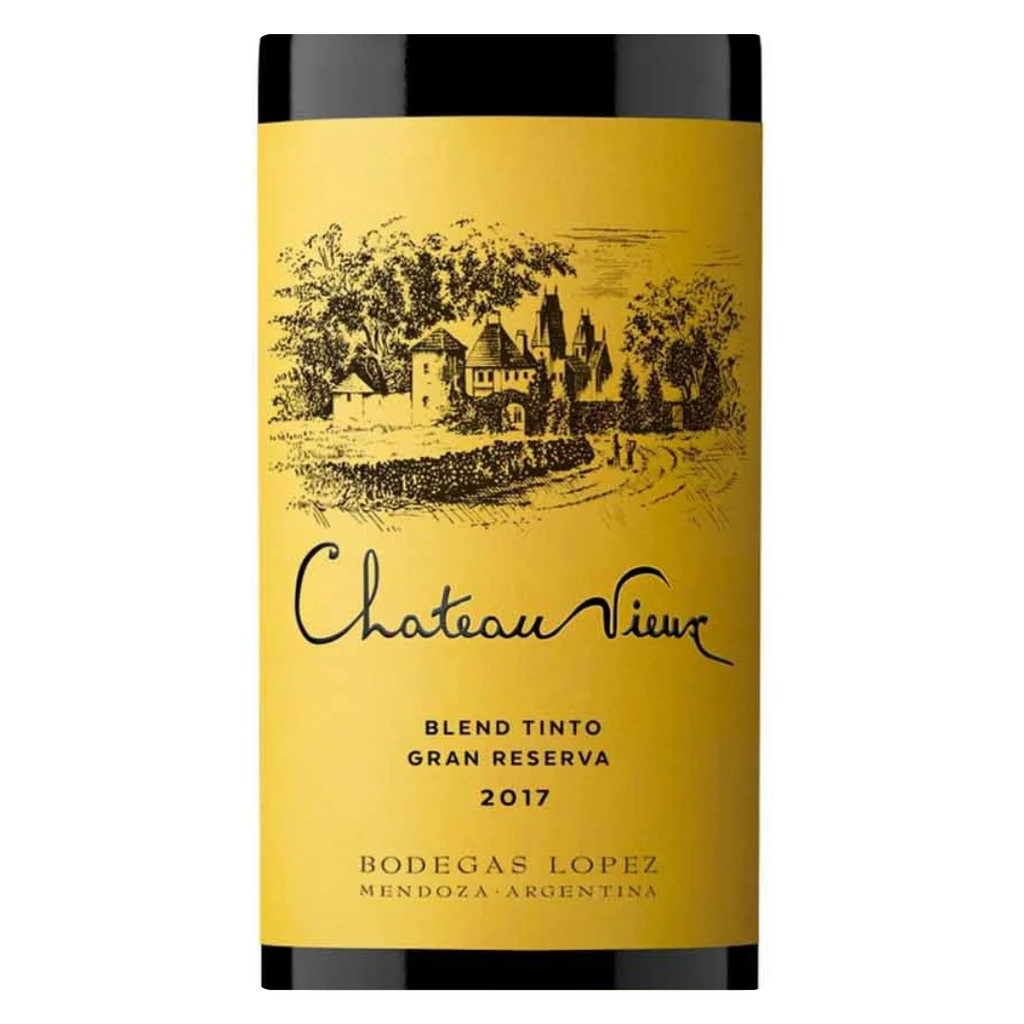 Detalhe do rótulo do Chateau Vieux Gran Reserva, evidenciando o corte de Cabernet, Merlot e Pinot Noir.