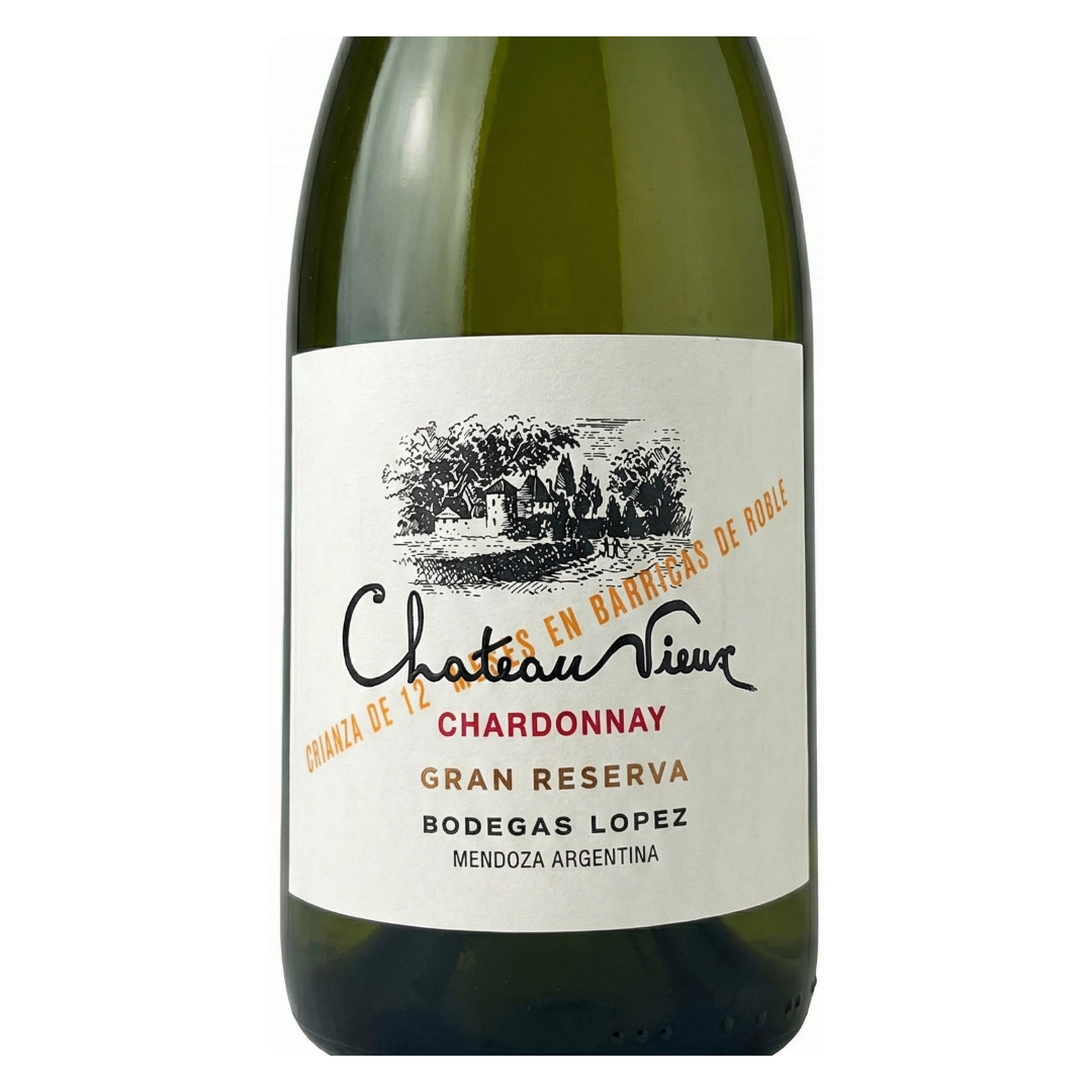 Detalhe do rótulo do Chateau Vieux Chardonnay, mostrando a safra 2023 e a indicação de Gran Reserva.