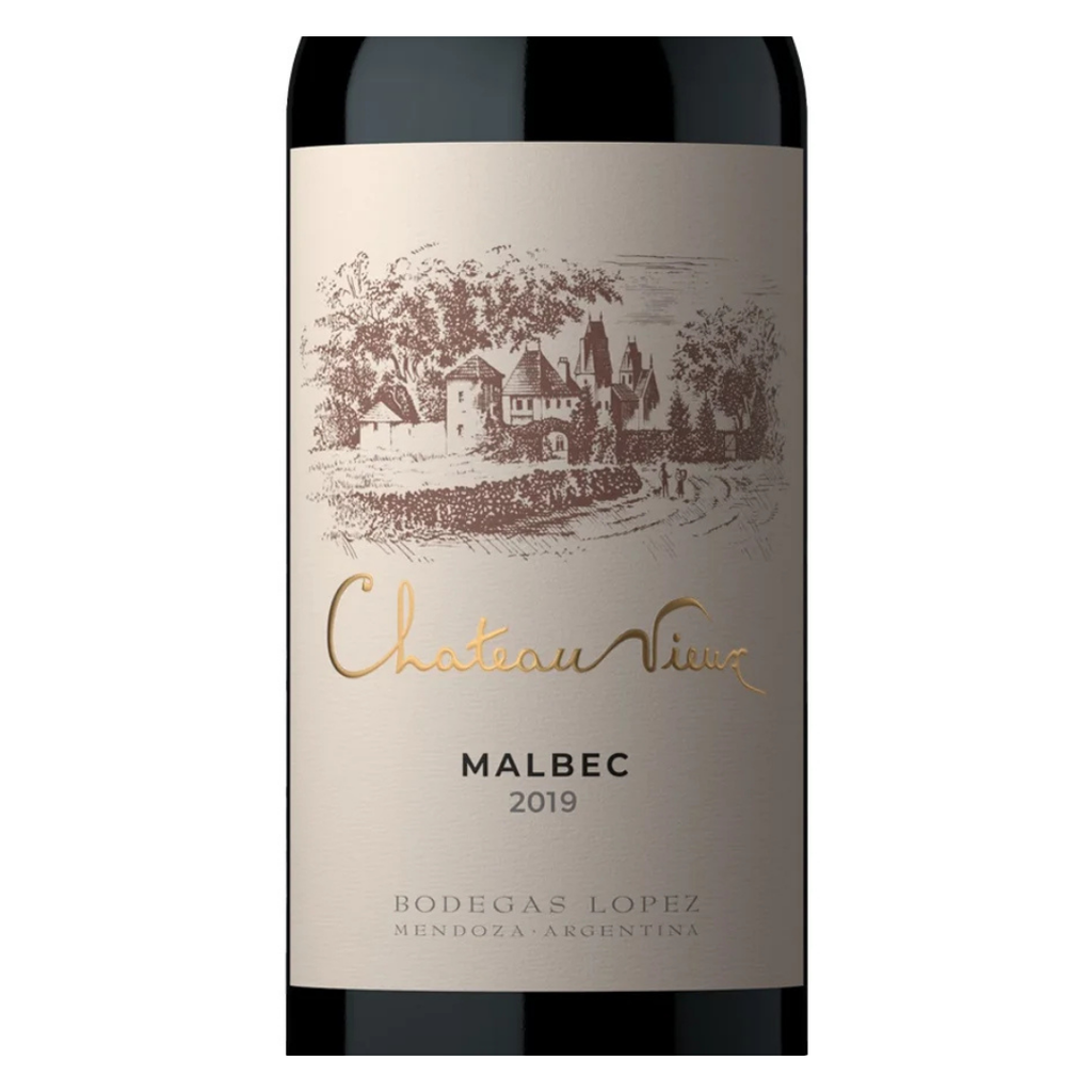 Close-up do rótulo do Chateau Vieux Malbec, indicando a safra 2021 e a variedade 100% Malbec.