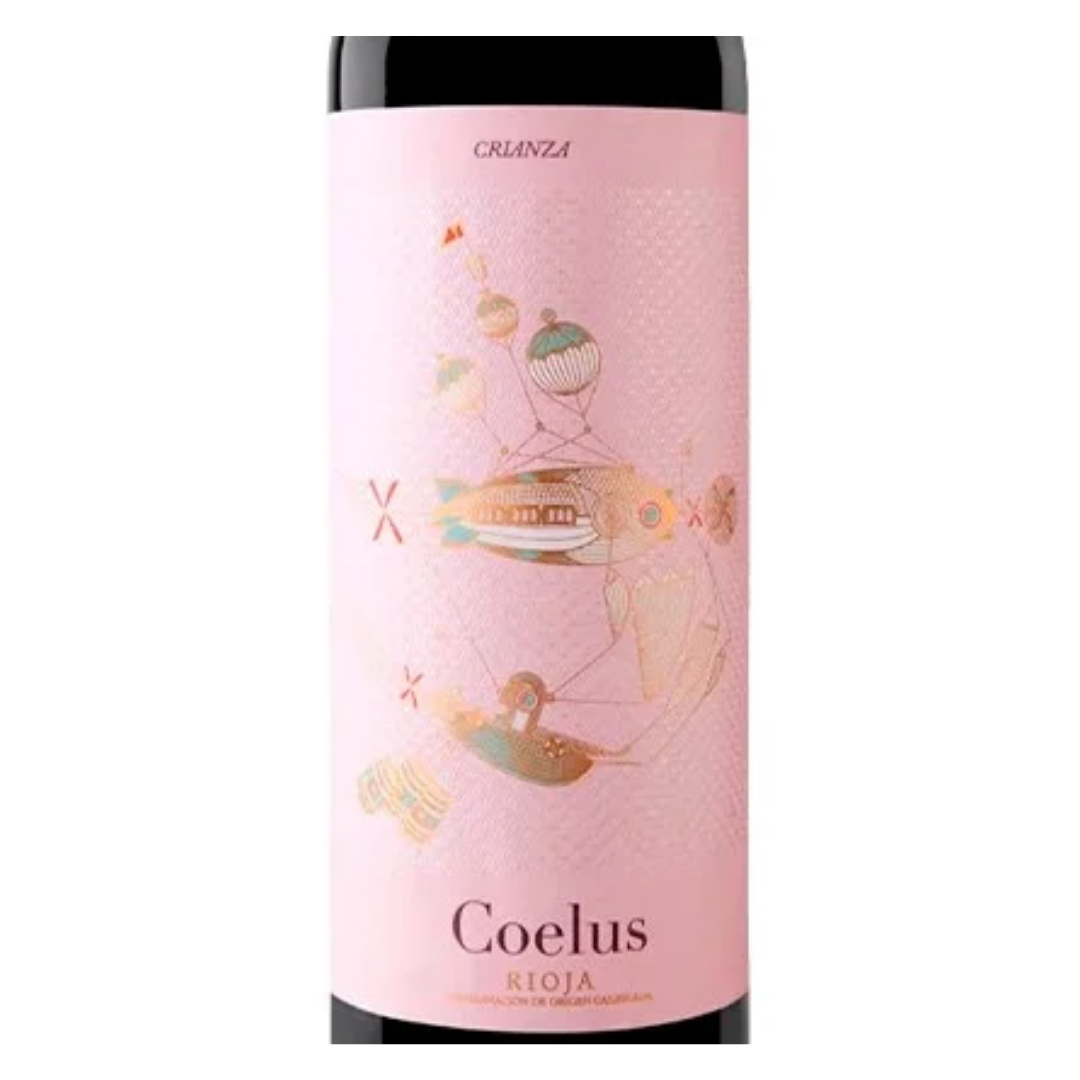 Close-up do rótulo do Coelus Crianza, mostrando a uva Tempranillo, a origem D.O. Rioja, Espanha, e o volume de 750ml.