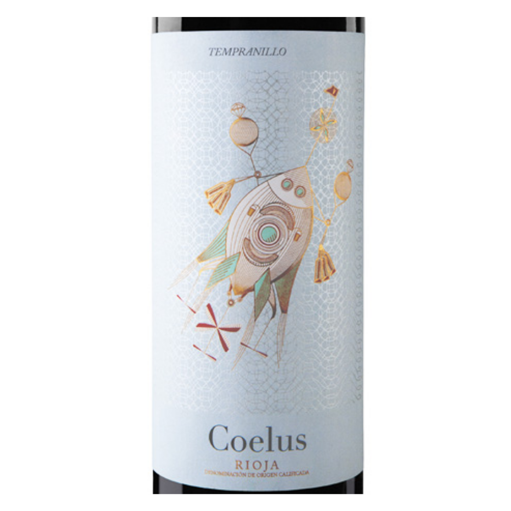 Close-up do rótulo do Coelus Joven, mostrando a uva Tempranillo, a origem D.O. Rioja, Espanha, e o volume de 750ml.