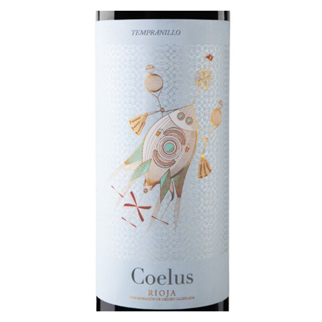 Close-up do rótulo do Coelus Joven, mostrando a uva Tempranillo, a origem D.O. Rioja, Espanha, e o volume de 750ml.