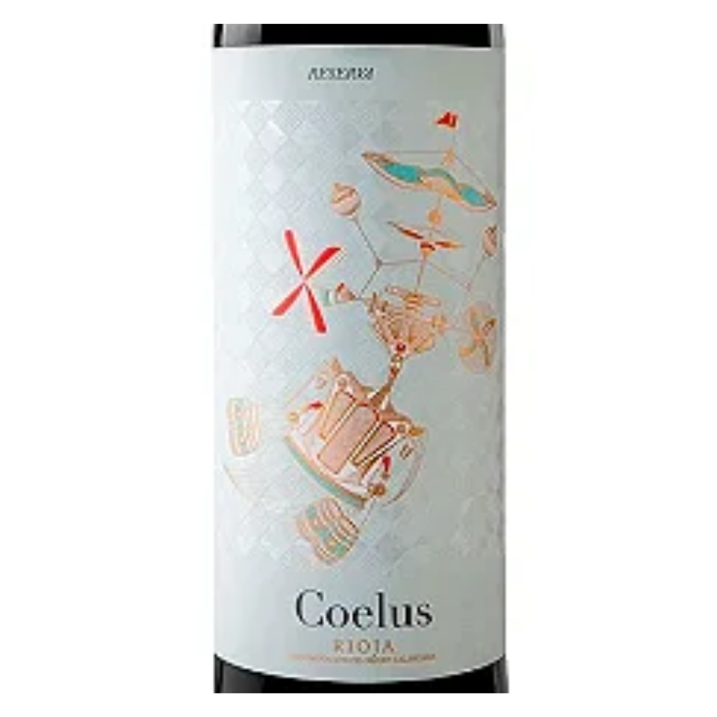 Close-up do rótulo do Coelus Reserva, mostrando o corte Tempranillo, Garnacha e Mazuelo, a origem D.O. Rioja, Espanha, e o volume de 750ml.