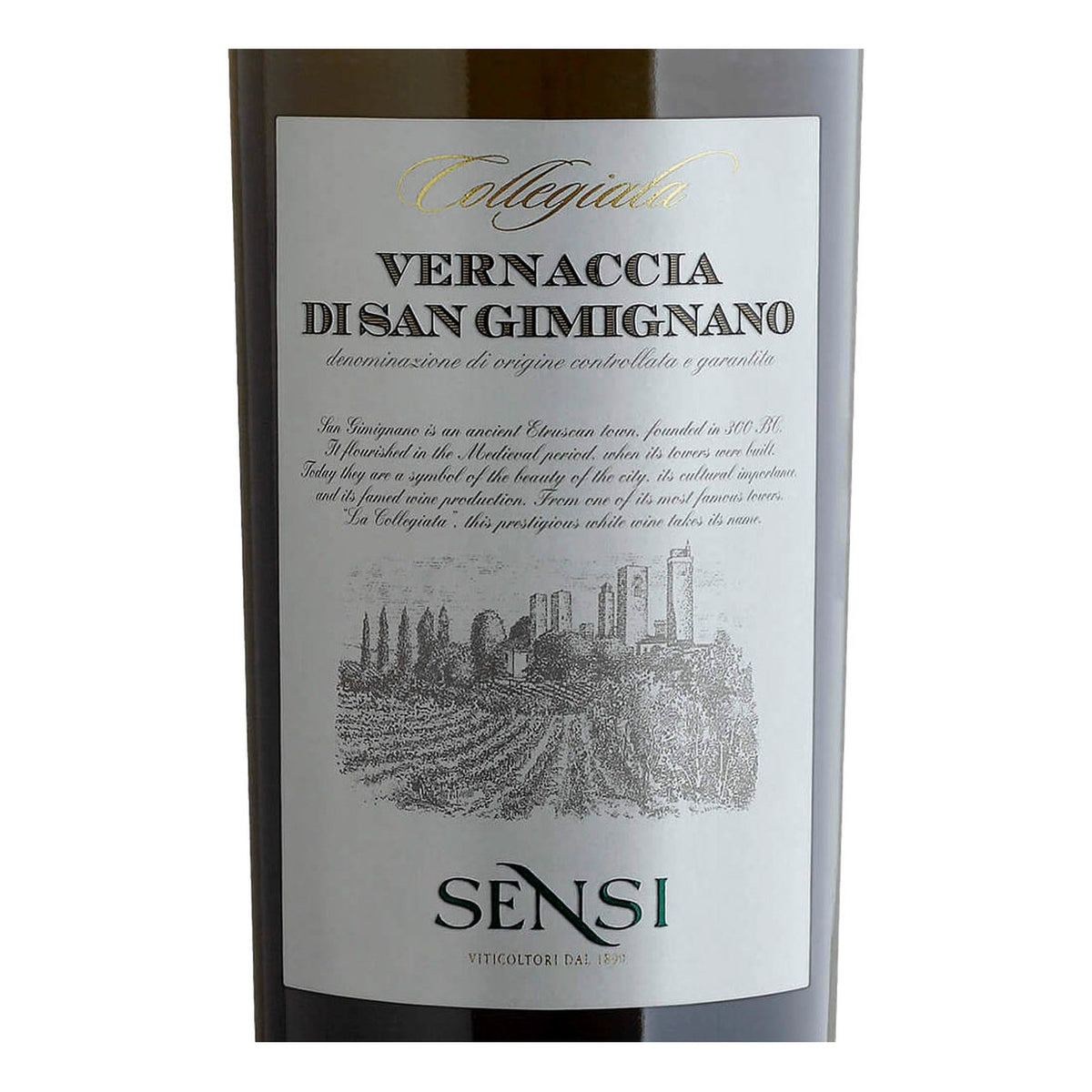 Close do rótulo Collegiata Vernaccia di San Gimignano DOCG 2023, vinho branco da Sensi Vini, elaborado com 100% Vernaccia na Toscana, Itália, em garrafa de 750 ml.
