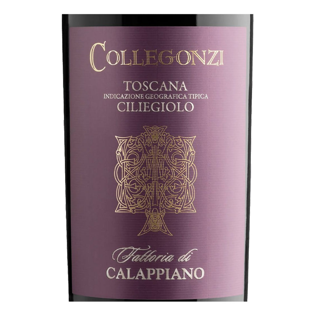 Close do rótulo Collegonzi Ciliegiolo Toscana IGT 2020, vinho tinto italiano elaborado com 100% Ciliegiolo pela Fattoria di Calappiano, Sensi Vini, em garrafa de 750 ml.