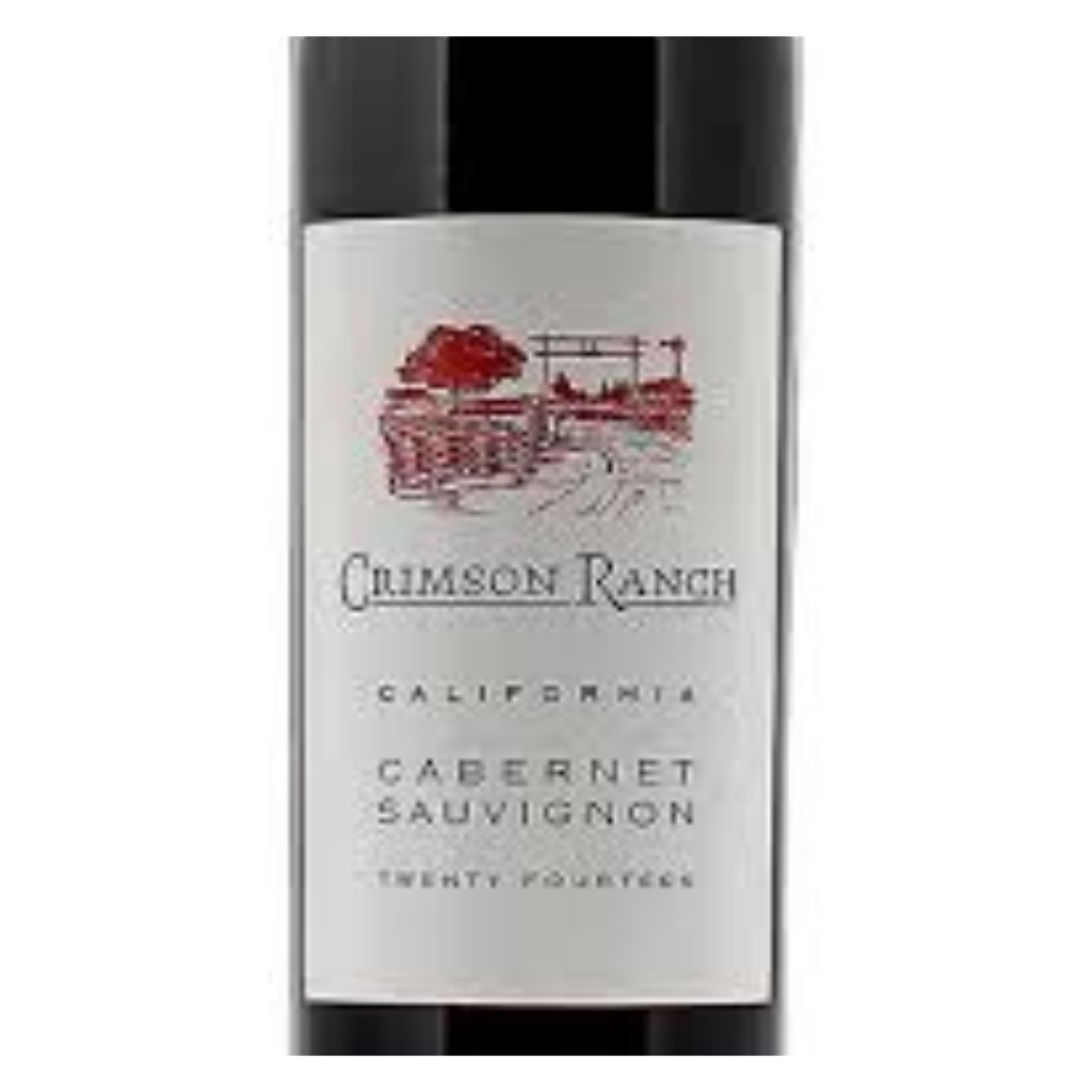 Detalhe do rótulo do Crimson Ranch, destacando a origem Califórnia e a uva Cabernet Sauvignon.