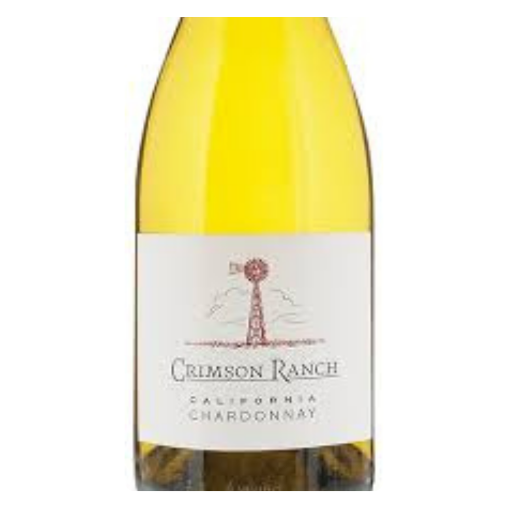 Close-up do rótulo do vinho Crimson Ranch Chardonnay, mostrando os detalhes da marca e a origem californiana.