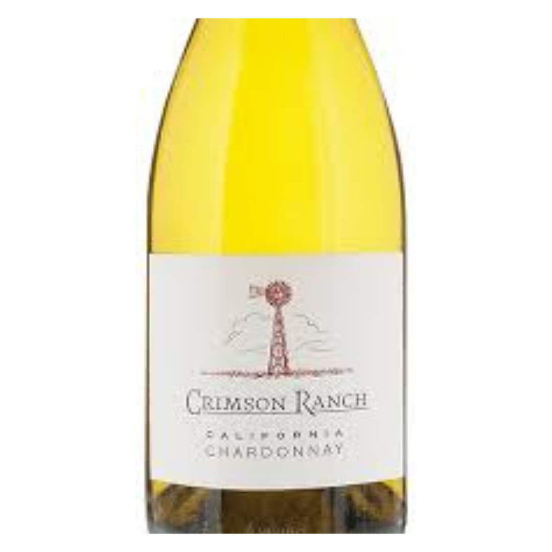 Close-up do rótulo do vinho Crimson Ranch Chardonnay, mostrando os detalhes da marca e a origem californiana.