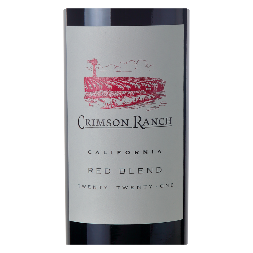 Close-up do rótulo do Crimson Ranch Red Blend, mostrando a Folio Fine Wine Partners, o blend de cinco uvas Syrah Zinfandel Merlot Cabernet Sauvignon e Petite Sirah, a origem Califórnia, EUA, e o volume de 750ml.
