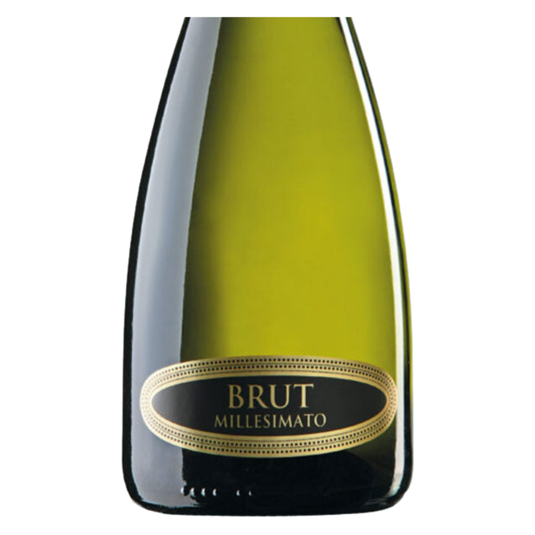 Detalhe do rótulo elegante do Espumante Toso, com a inscrição Millesimato e Brut em destaque.