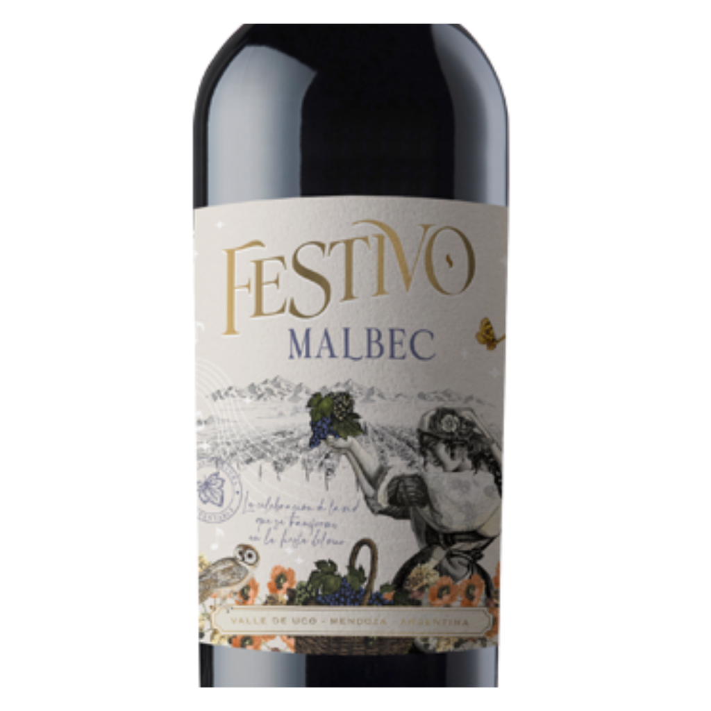 Close-up do rótulo do vinho Festivo Malbec, mostrando o nome da vinícola Bodega Monteviejo, a uva Malbec e o volume de 750 ml.