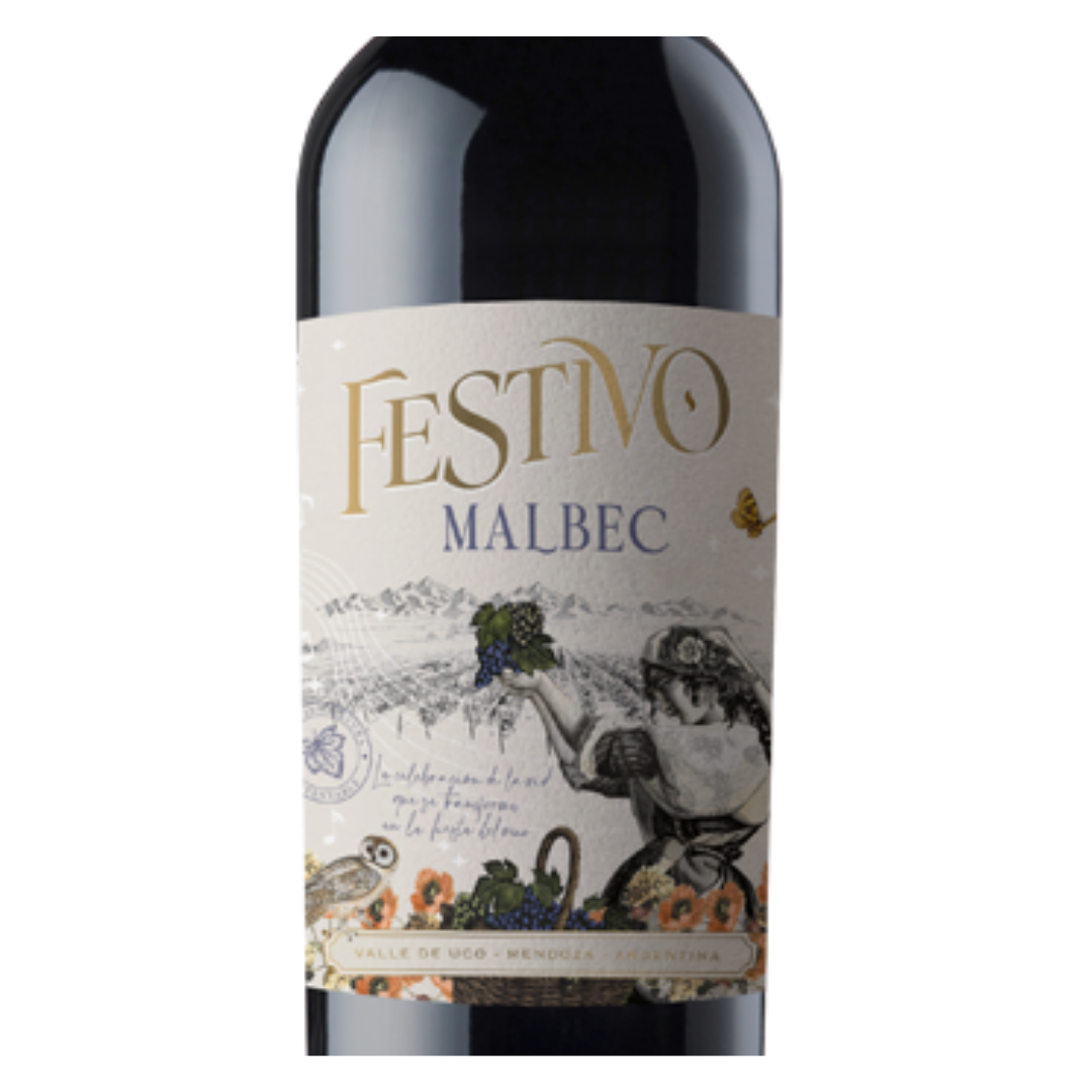 Close-up do rótulo do vinho Festivo Malbec, mostrando o nome da vinícola Bodega Monteviejo, a uva Malbec e o volume de 750 ml.