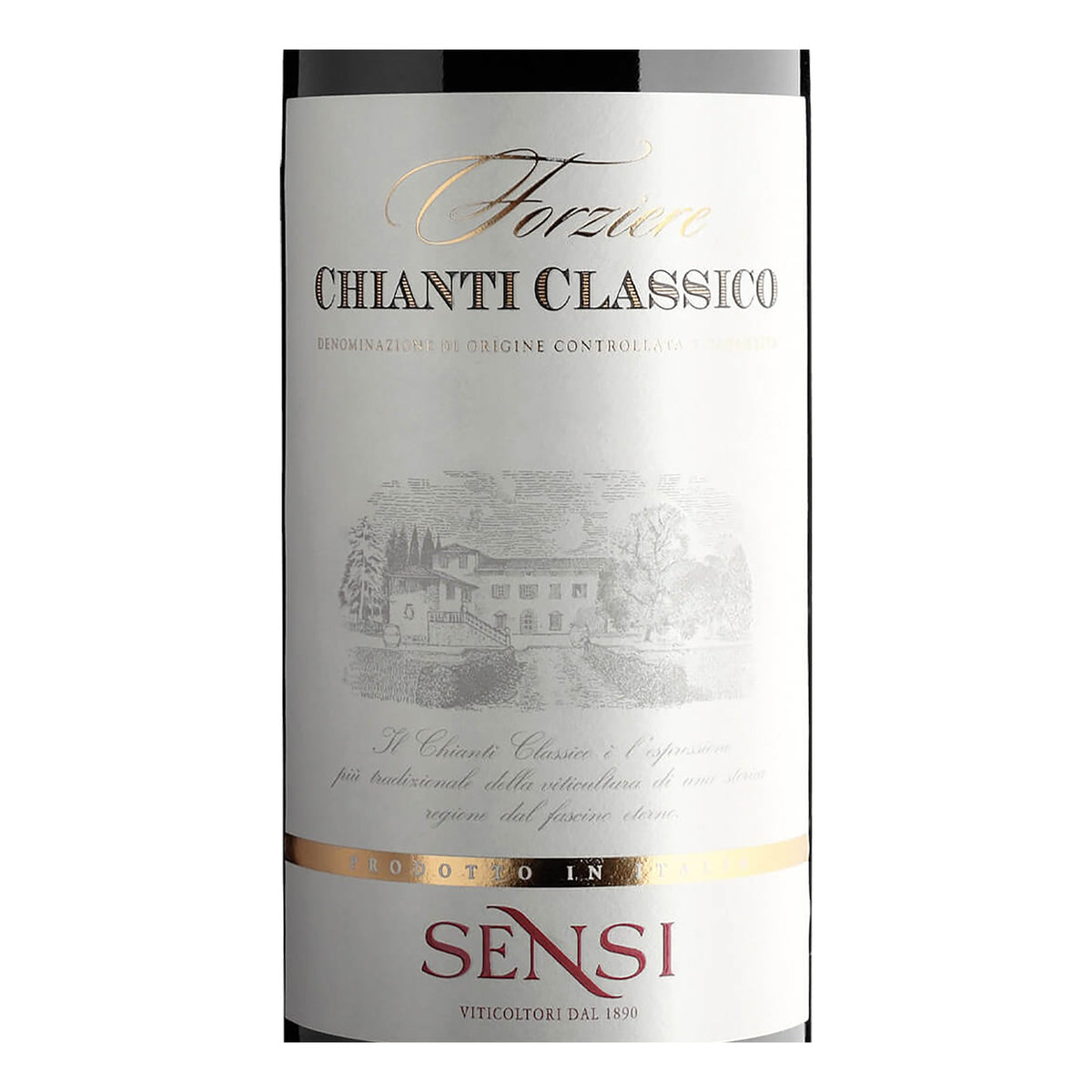Close do rótulo Forziere Chianti Classico DOCG 2019, vinho tinto italiano da Sensi Vini, elaborado com predominância de Sangiovese, com identificação da origem Chianti Classico, Toscana, e volume de 750 ml.