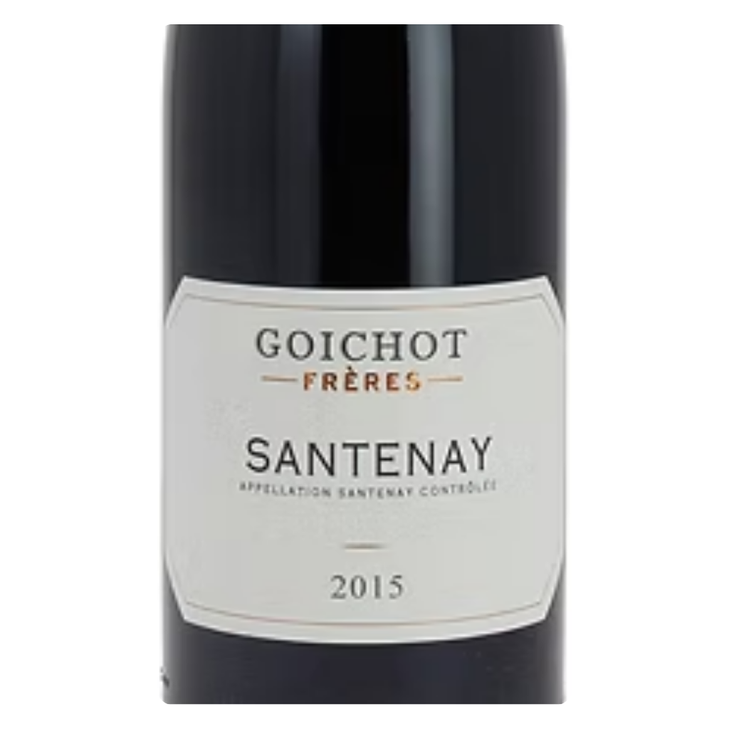 Close-up do rótulo do vinho Maison Goichot Frères Santenay Rouge, mostrando o nome da maison, a denominação Santenay e a variedade Pinot Noir.