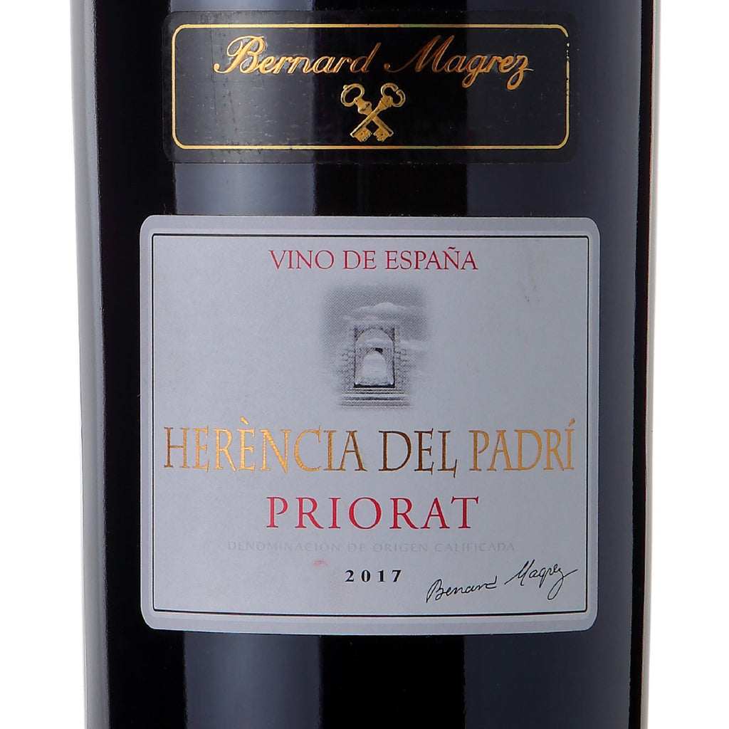 Detalhe do rótulo Herència del Padrí Priorat 2017, vinho tinto espanhol elaborado em Porrera, na Catalunha, em garrafa de 750 ml.