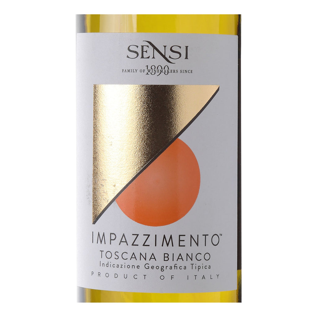 Detalhe do rótulo Impazzimento Bianco Toscana IGT 2022, vinho branco italiano da Sensi Vini, elaborado com um corte de uvas brancas toscanas, em garrafa de 750 ml.