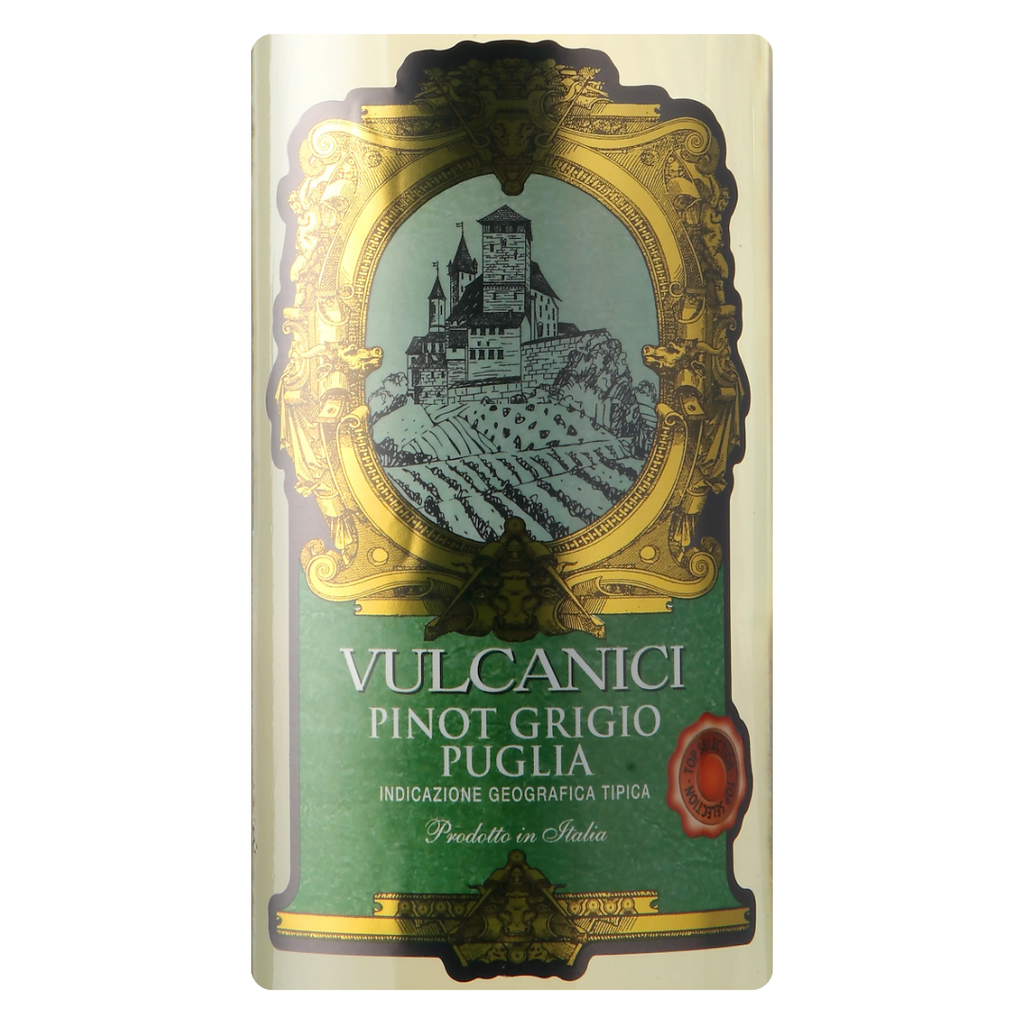 Close-up do rótulo do vinho Ita Vulcanici Pinot Grigio, mostrando o nome da vinícola Caldirola, a denominação Puglia IGT e detalhes da uva Pinot Grigio