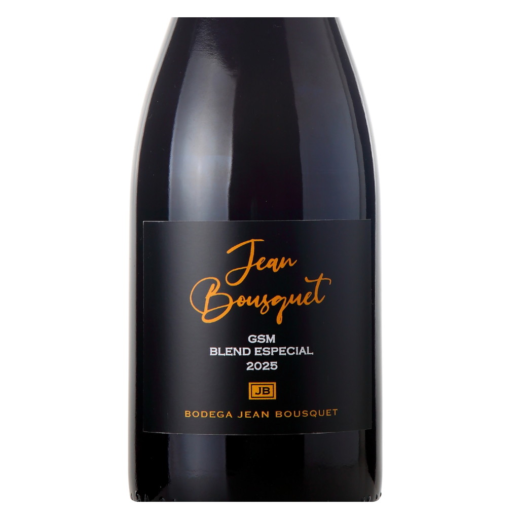 Close-up do rótulo do Jean Bousquet Santa Bax GSM, mostrando a marca Bodega Jean Bousquet, a denominação Mendoza Argentina, a blend GSM (Grenache, Syrah, Mourvèdre) e a certificação orgânica.