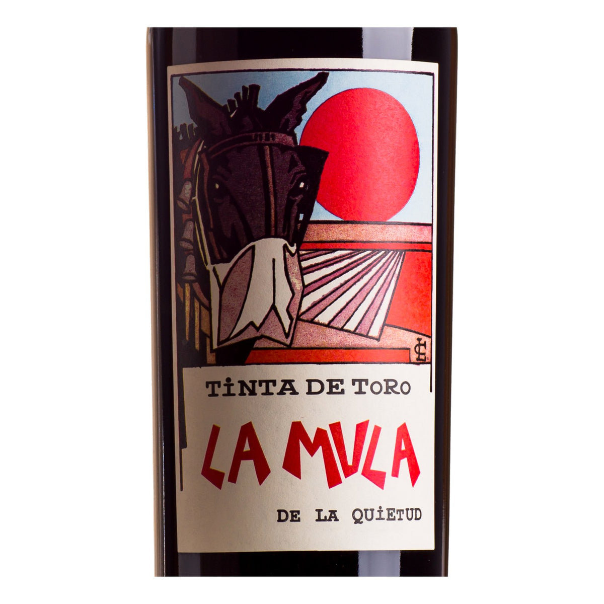 Close do rótulo La Mula de la Quietud 2020, vinho tinto espanhol 100% Tinta de Toro da Quinta de la Quietud, D.O. Toro, garrafa de 750 ml.