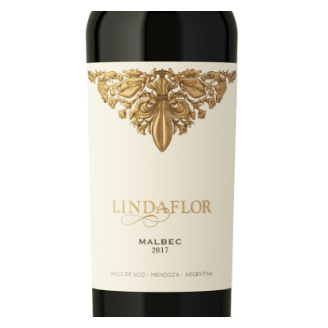 Detalhe do rótulo do Lindaflor Malbec, evidenciando a marca e a origem Valle de Uco.
